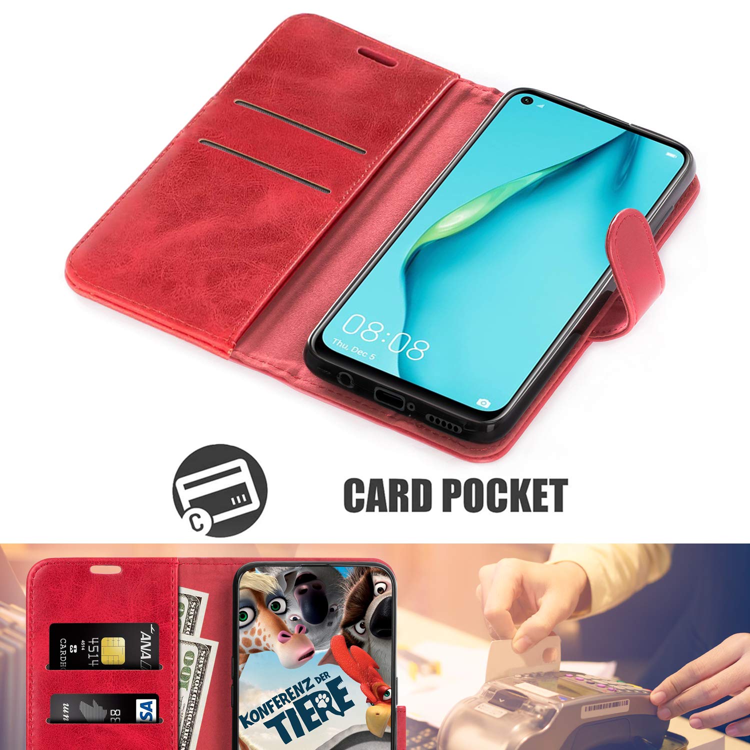 moex Custodia a Portafoglio per Huawei P20 Lite, Pieghevole, Protezione Completa a 360 Gradi, Pelle vegana, Custodia per Cellulare con Chiusura Verticale, Magnetica, Profondo - Nero