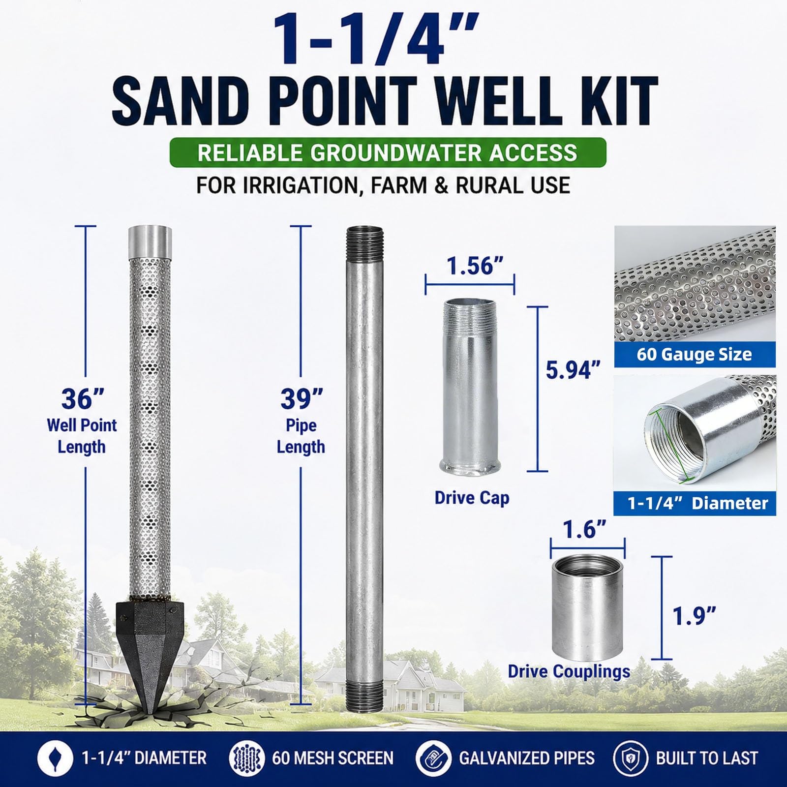 Kit Pozo Artesanal para Sistema de Agua Autónomo, Riego Agrícola y Uso Rural con Punta Filtrante de Acero Inoxidable y Filtro para Pozo(4M Kit)