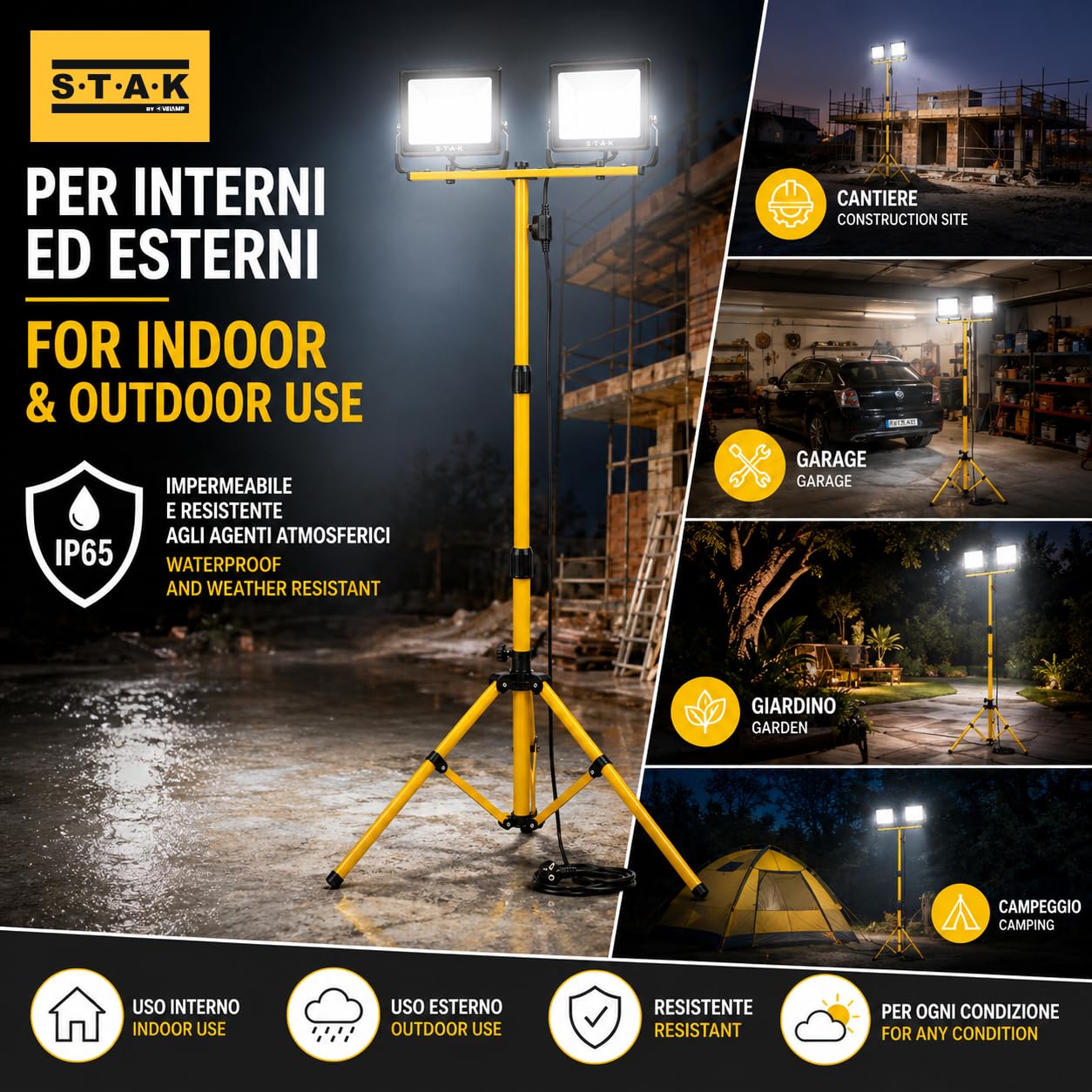Faretti LED su Treppiede, 2 x 50W, 9.000 Lumen, Giallo, Cavo 3m, IP65, 158cm di Altezza. Uso esterno: Ideale per Cantiere, Garage, Giardino, Barbecue