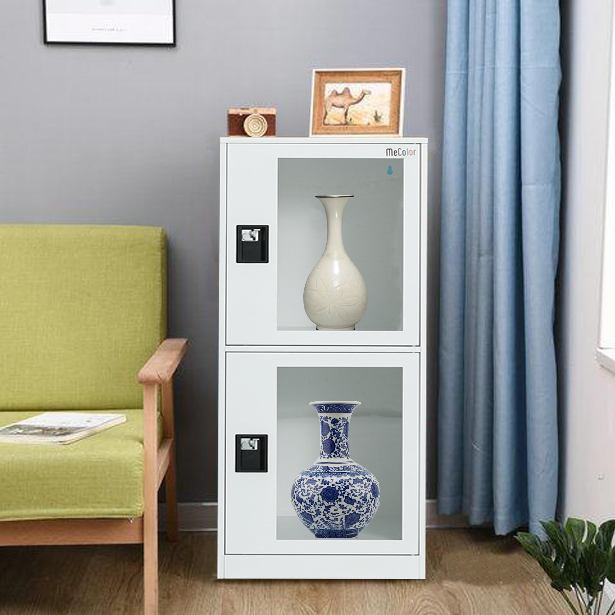 MECOLOR Schrank mit Vorhängeschloss, Büro Aktenschrank mit 2-Glastüren, abschließbarer Nachtschrank im Schlafzimmer, Metallschrank im Wohnzimmer (G2V-FWH)