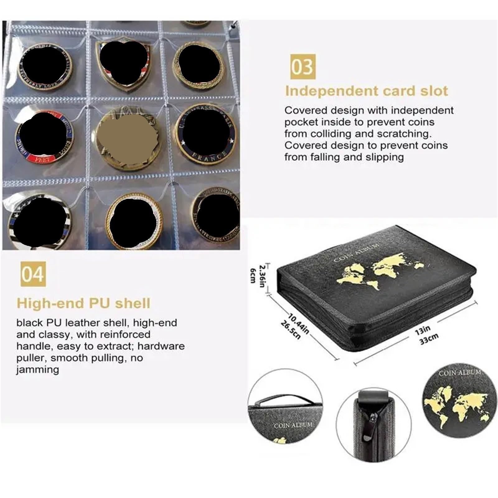 Album Monedas Portable Coin Collection Set 200 30 Paper Money Panels PVC Transparent Philatelic Book Album with Zipper Protection(Black Set)