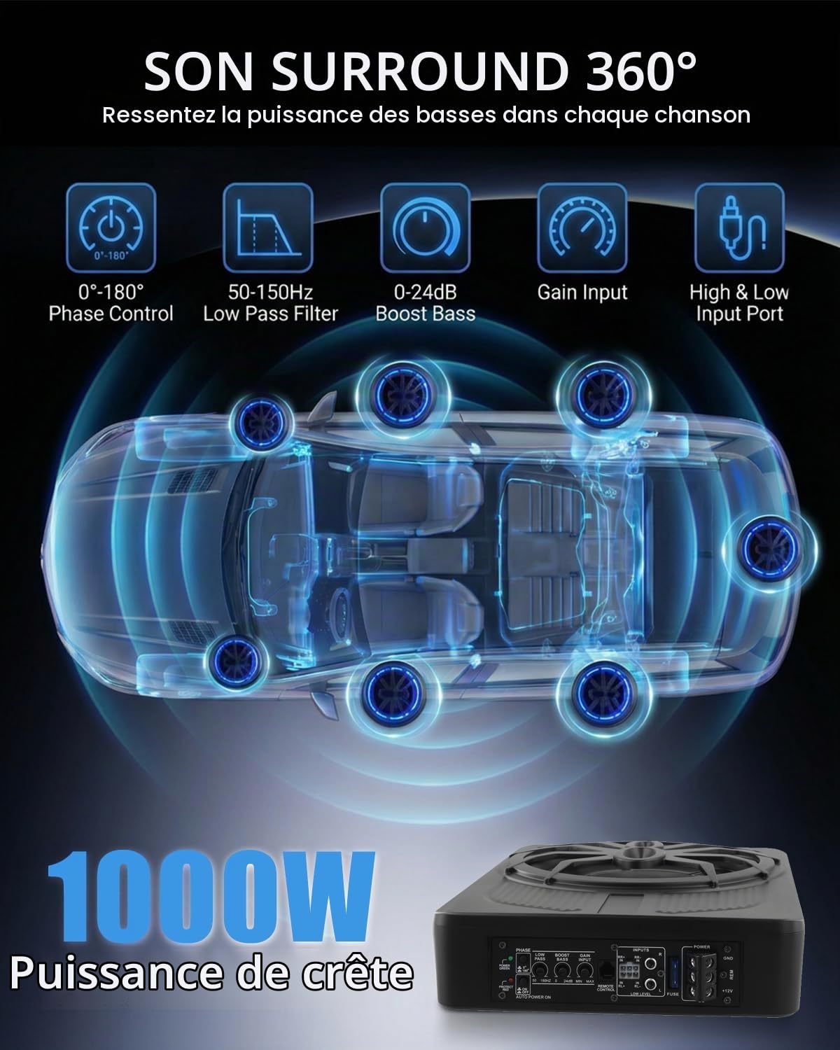 Subwoofer Actif 10 Pouces 1000 W Max avec Éclairage Bleu