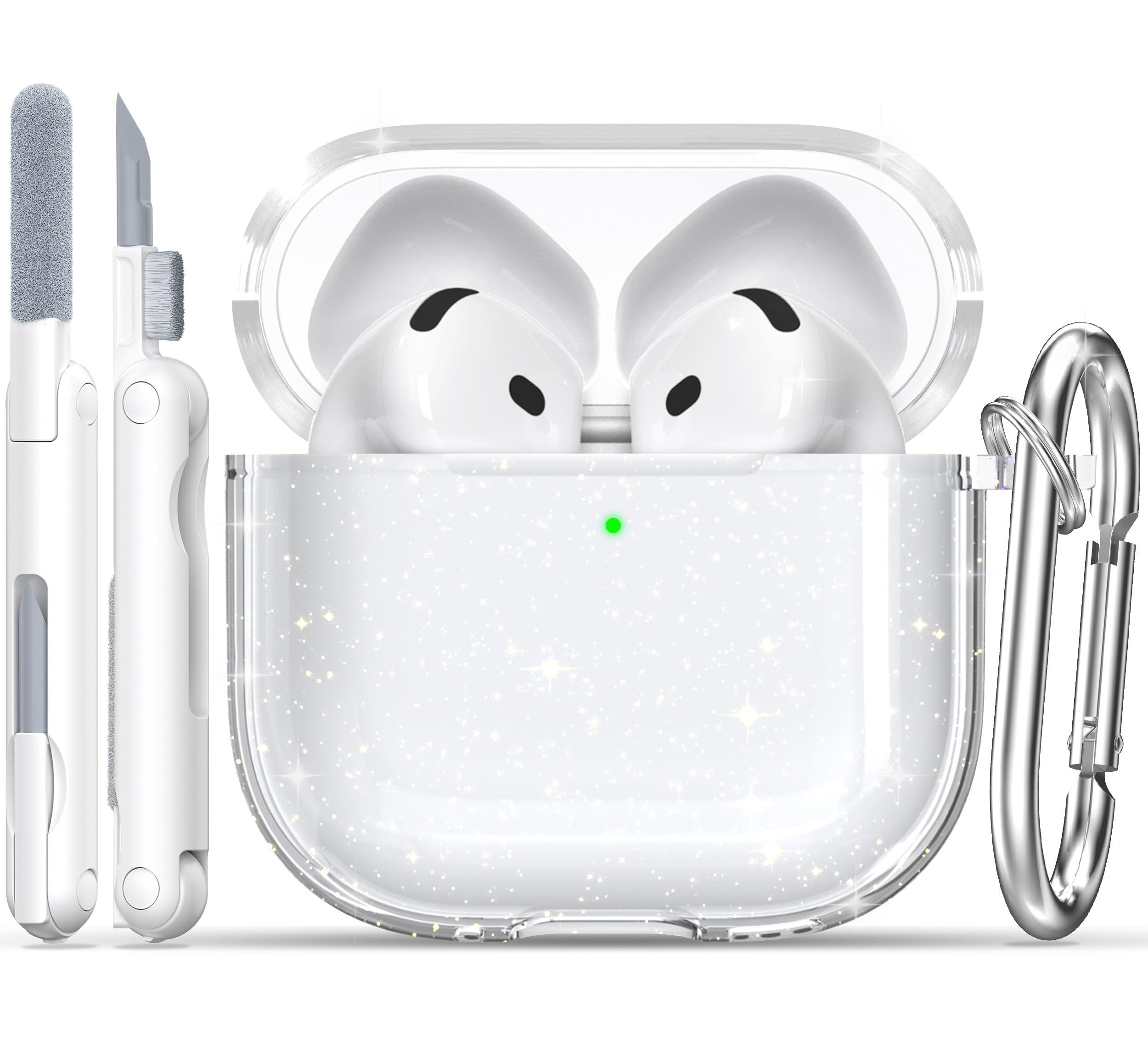 RFUNGUANGO für AirPods 4 Hülle Transparent Mit Reinigungsset, Weiche TPU, Kompatibel mit Apple AirPods 4 (2024) Hülle,Glitzerweiß