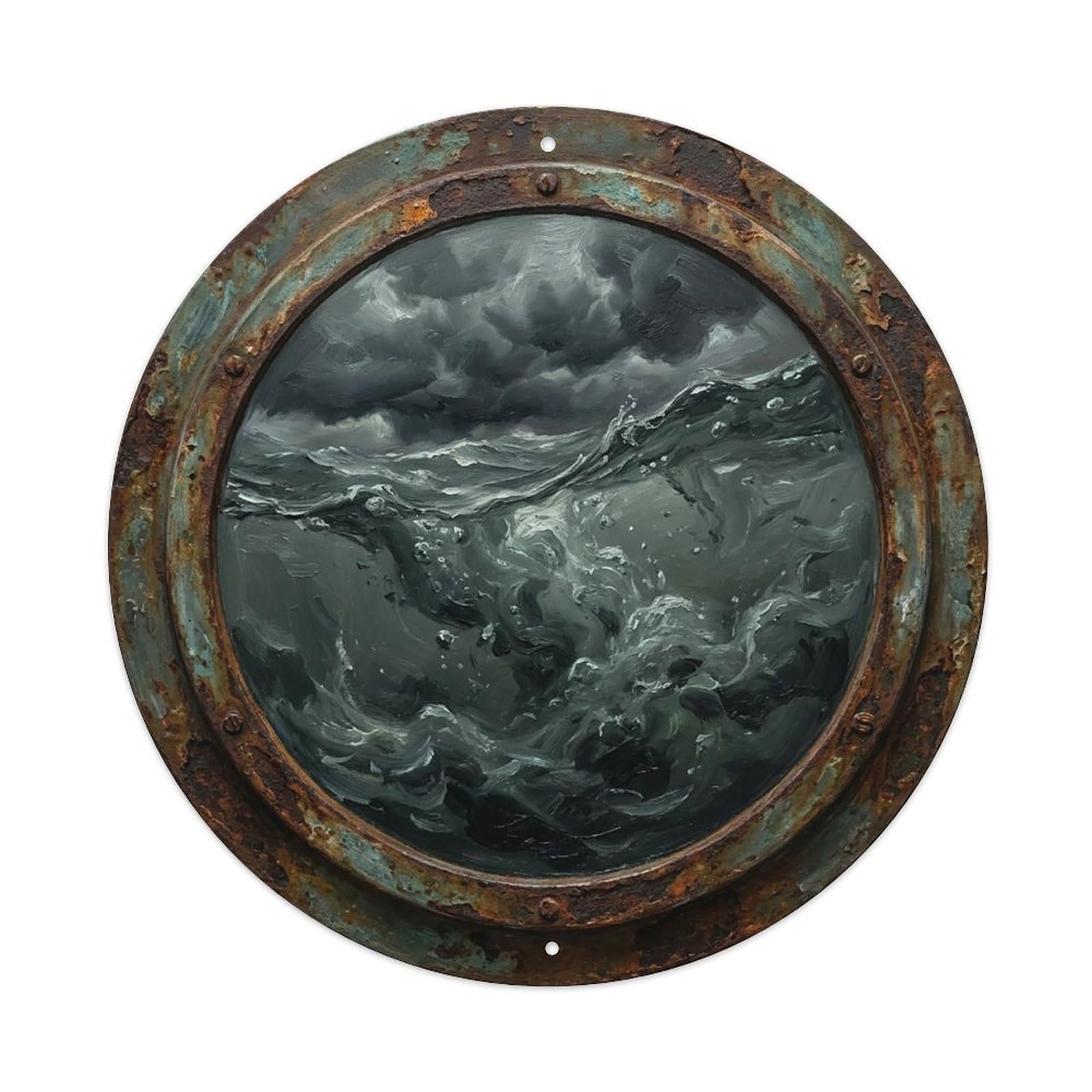 Vintage Porthole Storm Approaching Ship Window Under Deep Metal Tin Sign