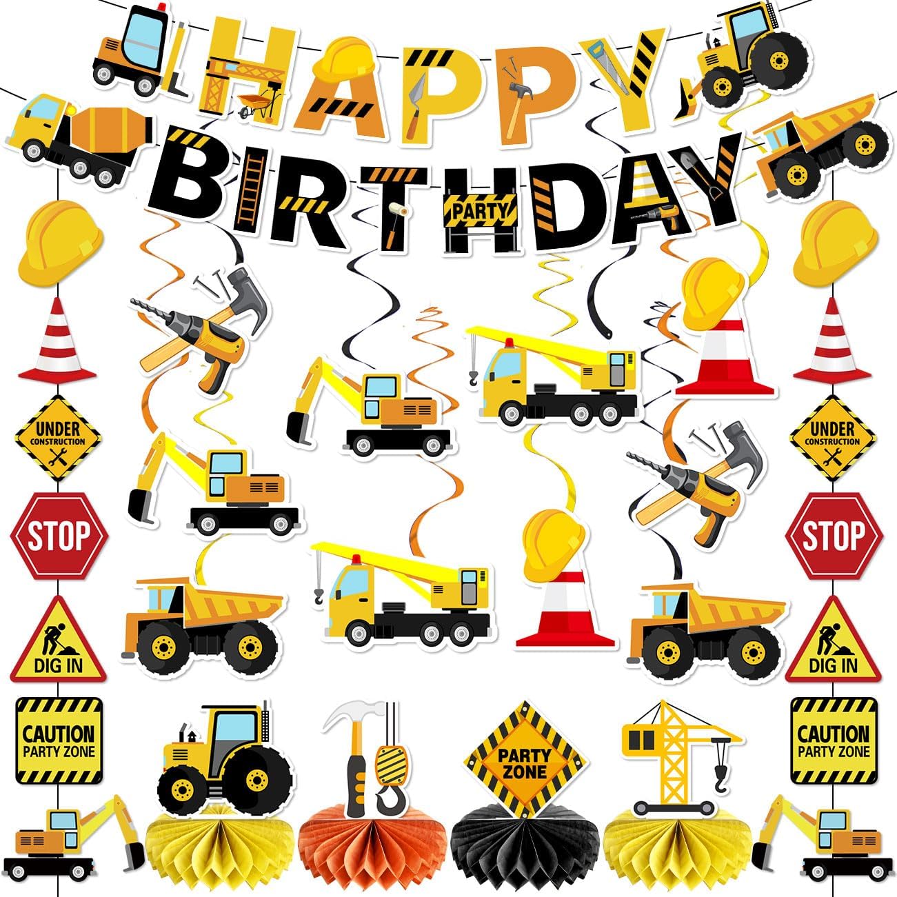 Construction Birthday Party Supplies Construction Happy Birthday Banner Truck Theme Hanging Swirls Construction Party Honeycomb Centerpieces for Construction Theme Baby Shower Birthday Party Supplies