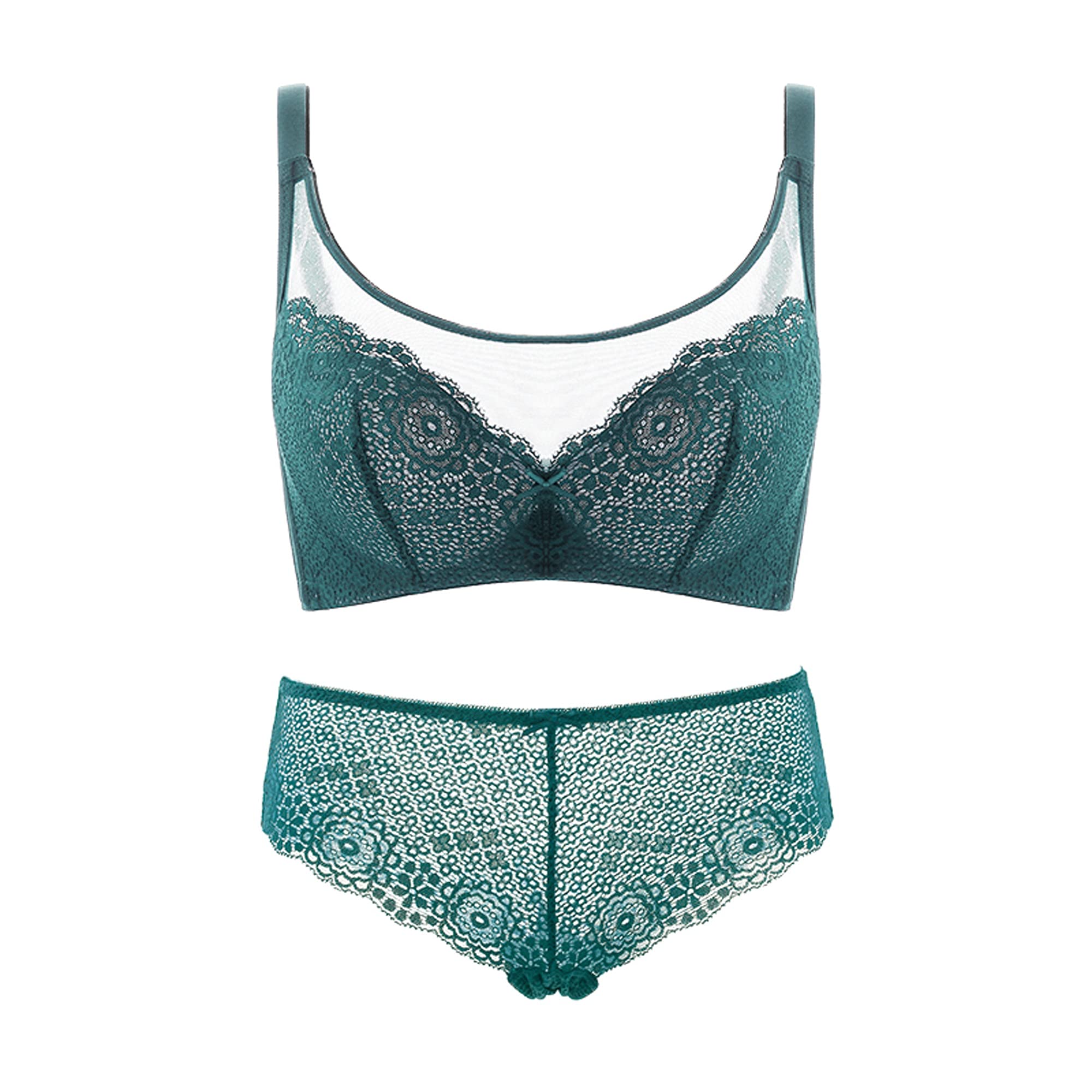 WENJUN Conjunto de sujetador y bragas para mujer, cobertura completa con aros, latón sin acolchado, talla grande, ver malla para el día a día sexy (color: verde, tamaño: 80B)
