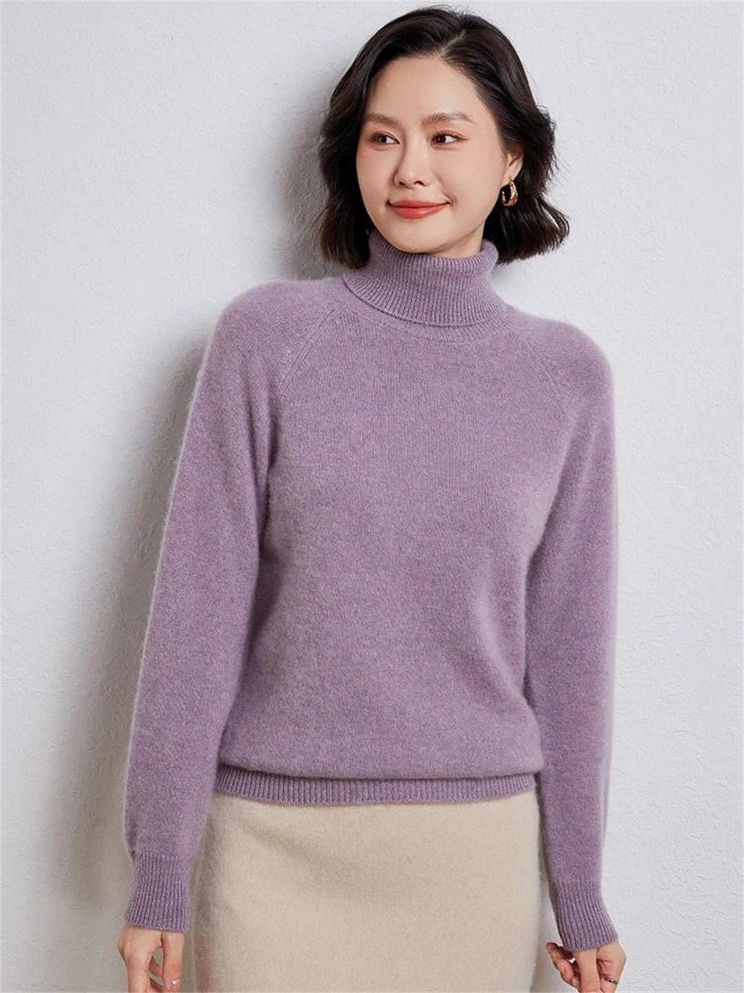 Maglioni da donna in lana tinta unita pullover a maglia spessa maglione a collo alto maglione a maniche lunghe camicie base in lana lavanda S, Lavanda, S