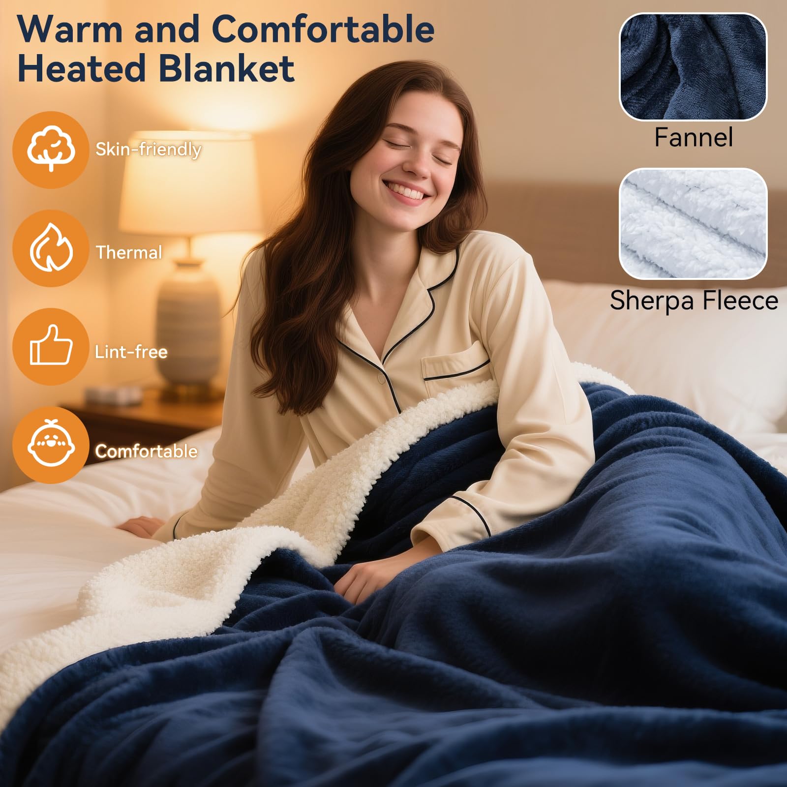 Qoosea Mantita Eléctrica 130x160cm Manta Eléctrica de Franela con 9 Niveles de Calor y 10 Horas de Apagado Automático, Lavable a Máquina Manta de Calefacción Rápido para Cama Sofá Oficina, Azul Marino