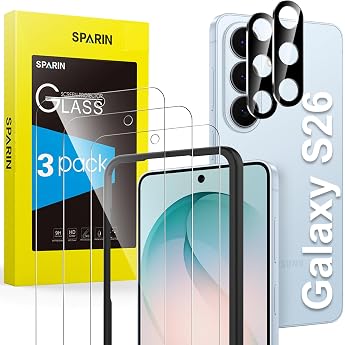 SPARIN Tempered Glass Screen Protector for Samsung Galaxy S26, Fingerprint ID Support, with Mounting Frame, Pack of 3 Screen 