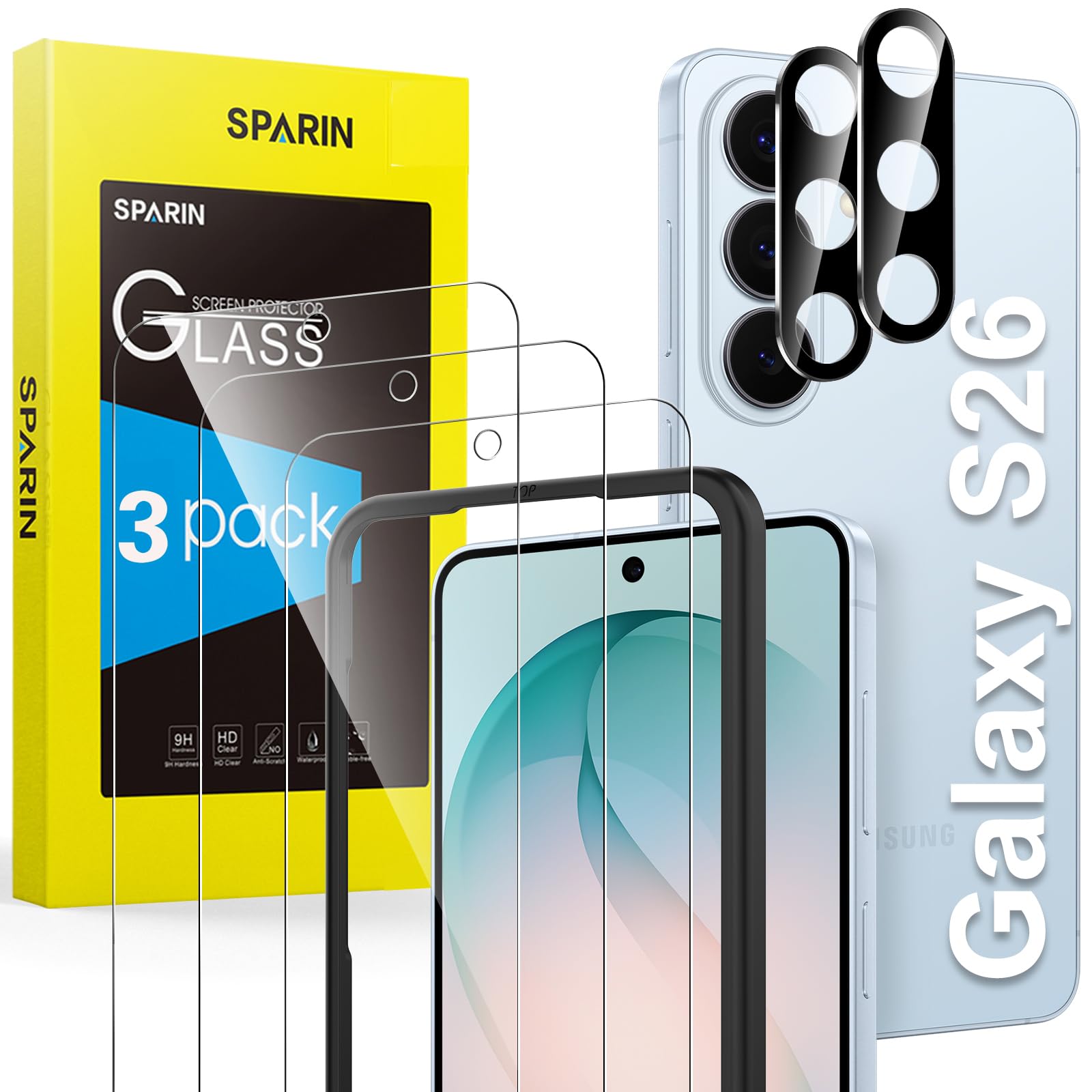 SPARIN für Samsung Galaxy S26 Panzer Schutz Glas, Fingerabdruck-ID Unterstützen, mit Montagerahmen, 3 Stück Schutzfolie und 2 Kameraschutz, 9H Härte, Kratzfest, HD-Klar, 3+2 Stück