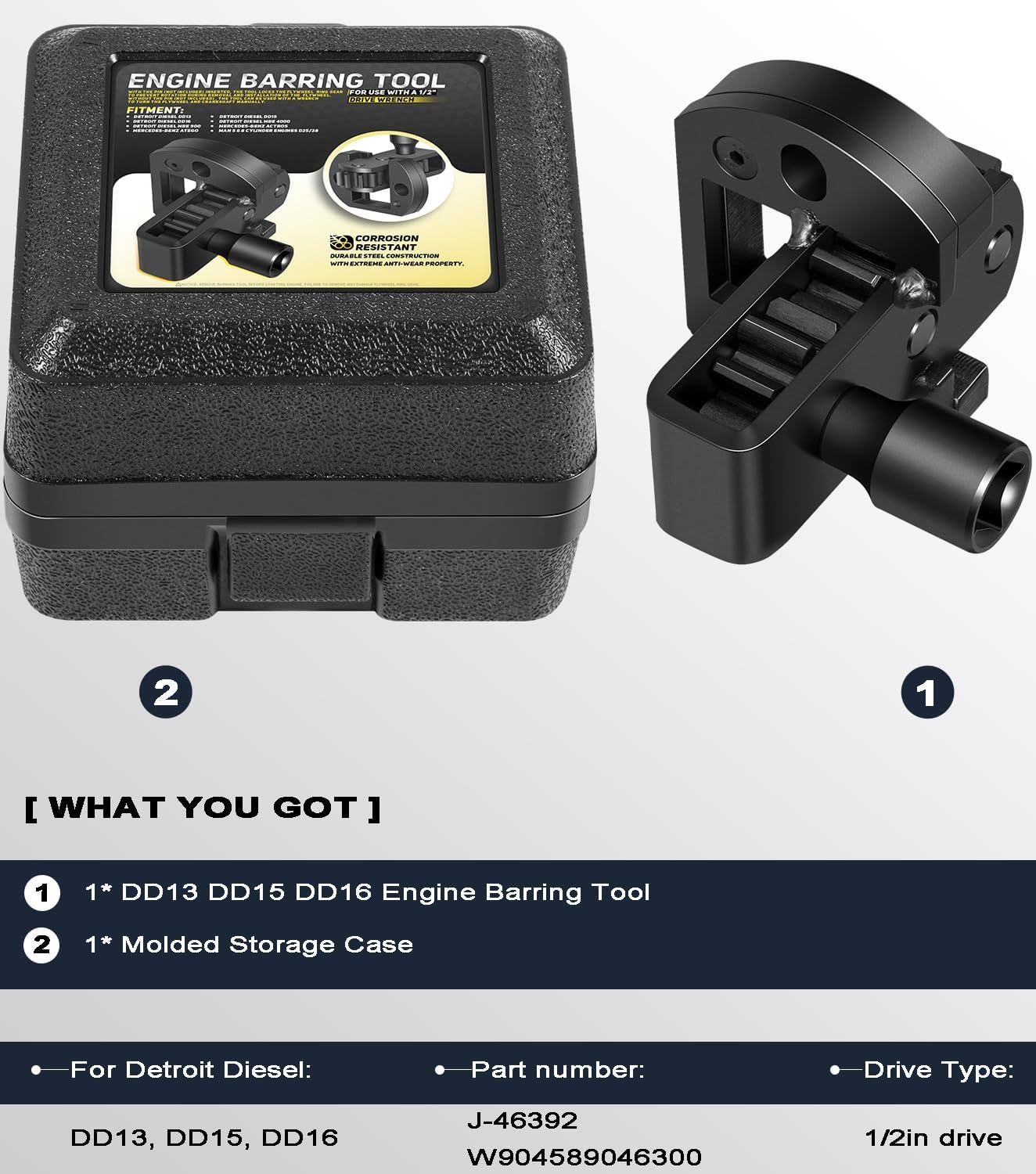 Camoo J-46392 Engine Barring Tool, Engine Turning Tool with Storage Box for Detroit Diesel DD13, DD15, DD16, MBE4000, MBE900 Alternative to J-46392 W904589046300 Flywheel Cranking Turning Tool