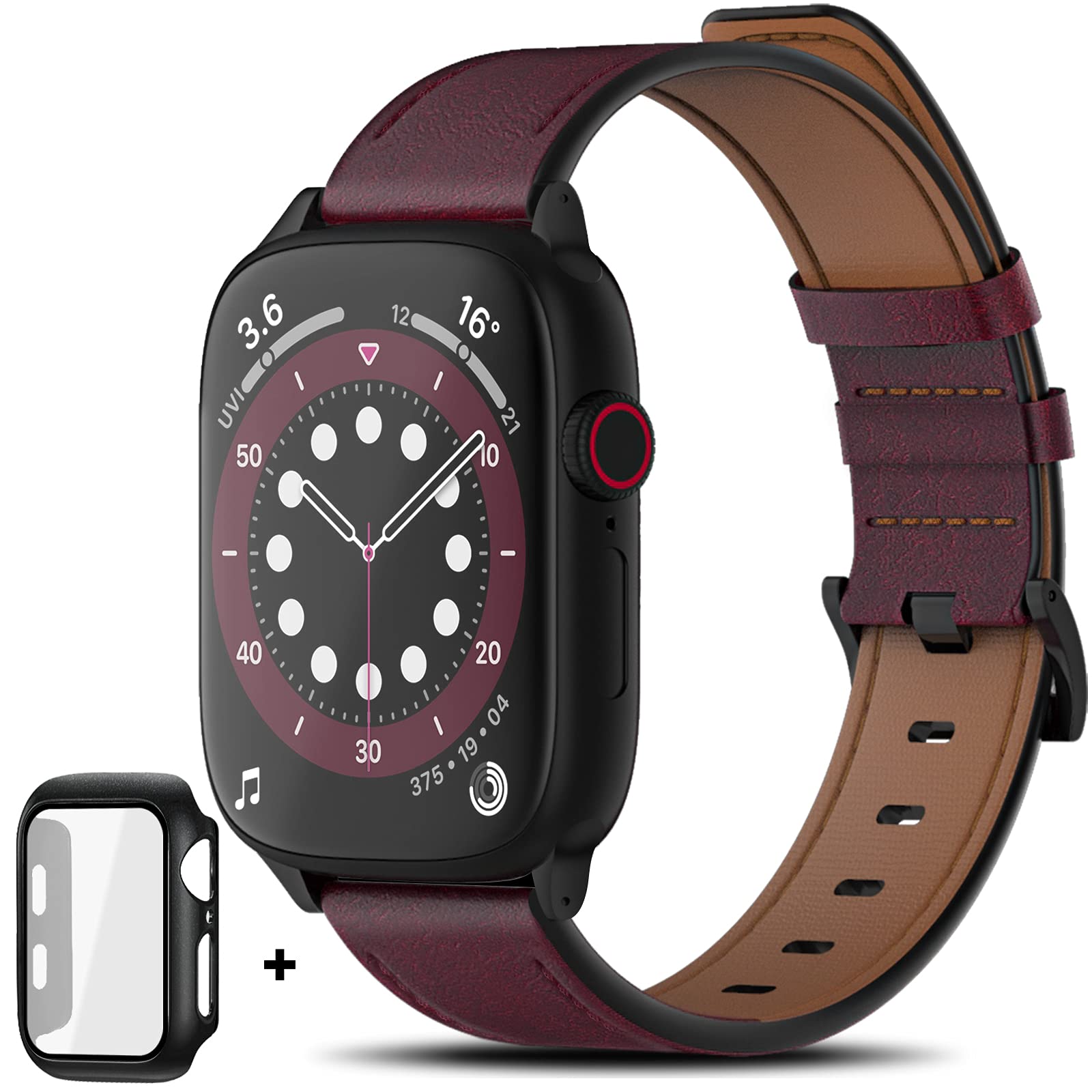 EPLST Leather Band Compatible with Apple Watch 44mm 40mm Men Women with PC Screen Protector Case, Genuine Leather Replacement Strap for iWatch SE & Series 6/5/4