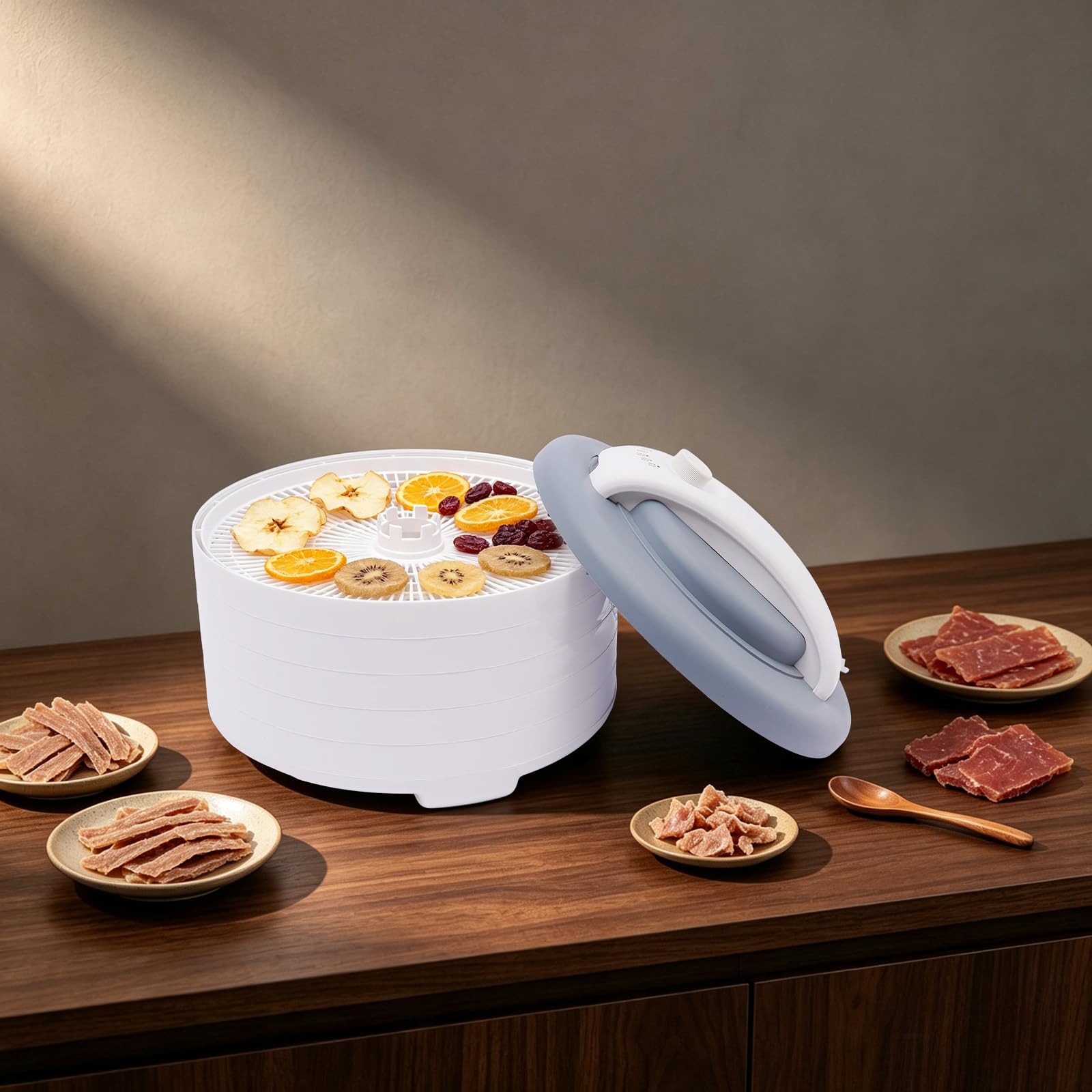 Deshidratador portátil de 450 W, secadora de alimentos con función de recirculación, control de temperatura 35-71 °C, 5 bandejas apilables, sin BPA, para frutas, verduras, hierbas, carne y pescado, 34