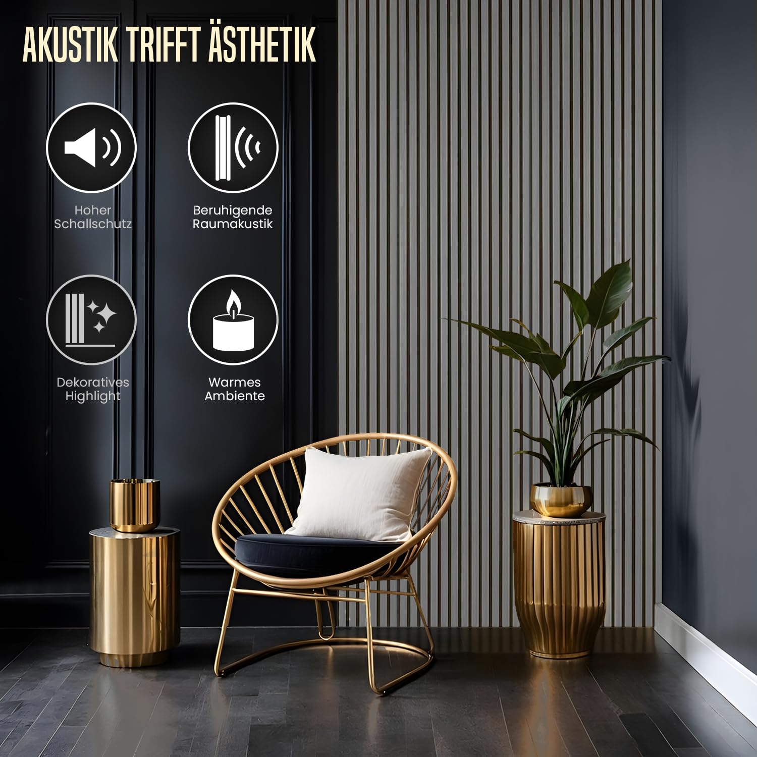 HOME LOVE Akustikpaneele Holz 2er Set 110x55 cm – Grau mit schwarzem Filz | Wandpaneele Holzoptik 3D | Akustik Paneele Grau | Holzpaneele Wand | Wandverkleidung Innen