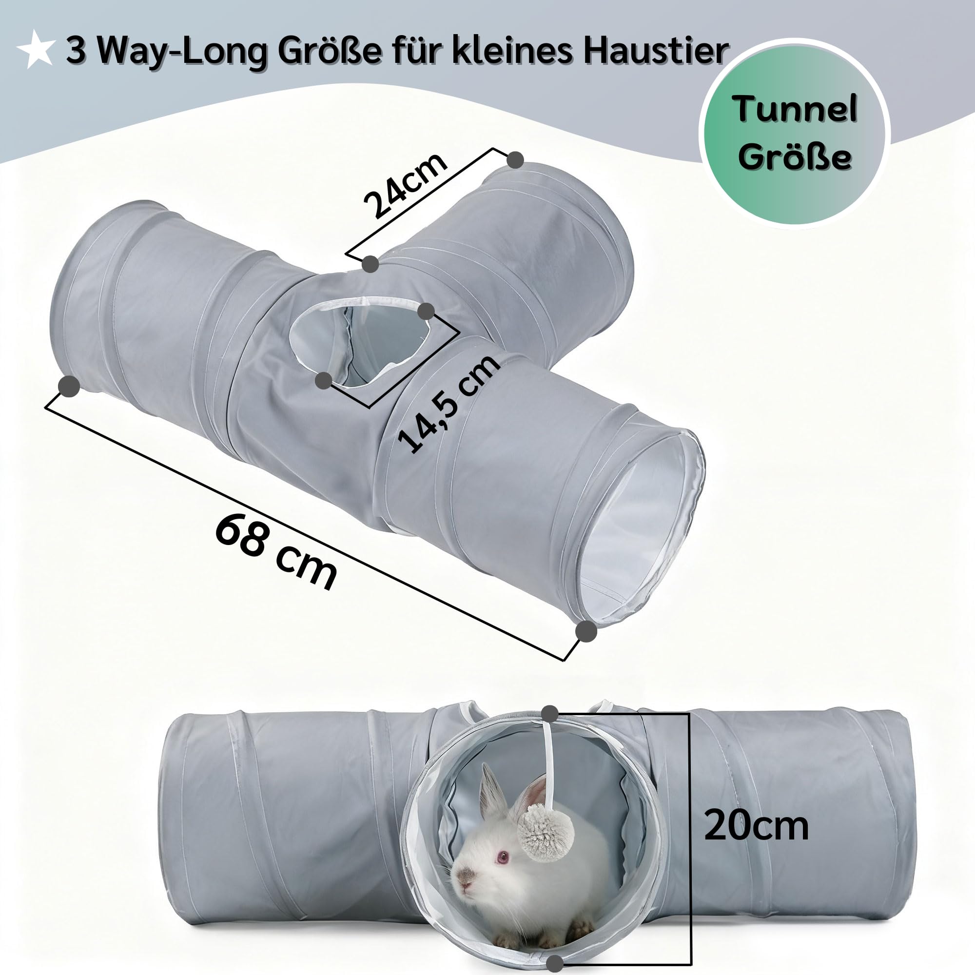 JanYoo Túnel de conejo, túnel de 3 vías, túnel para conejillos de indias, túnel de juego, plegable, para escondite de conejos, túnel de actividad para animales pequeños, juguete (gris puro)