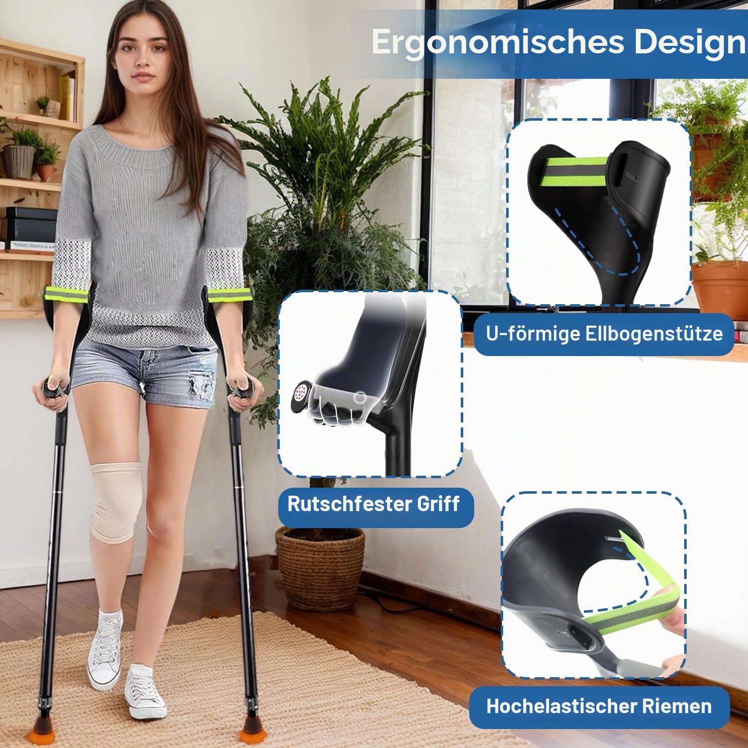 2 Stück Faltbar Krücken, Leichte Gehstützen, Schwarz Unterarmgehstützen, Höhenverstellbar Gehhilfe für Senioren und Erwachsene, ErgonomischemGriff, Rutschfeste Basis