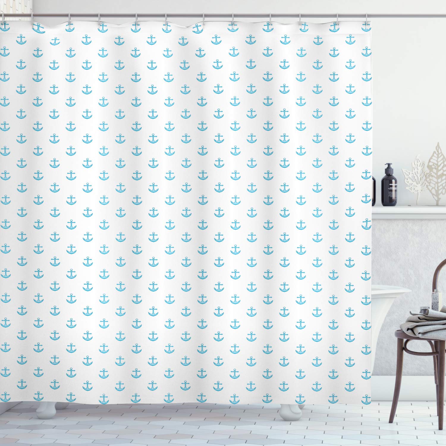 ABAKUHAUS Anchor Shower Curtain, Blue Small Vivids Pattern Cartoon Style Transportation Vessel Oceanic Life, 86 Inches Extra Long, Sky Blue White — image 1