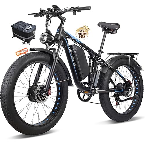 EBycco 5000W Dual Motor Ebike for Adults Electric Bike 52V 32AH, Max 40-45 MPH, 100 Miles Long Range, Full Suspension Hydraulic Disc Brake E-Bikes, 24"/26" Fat Tire Offroad Hunting Electric Bicycle