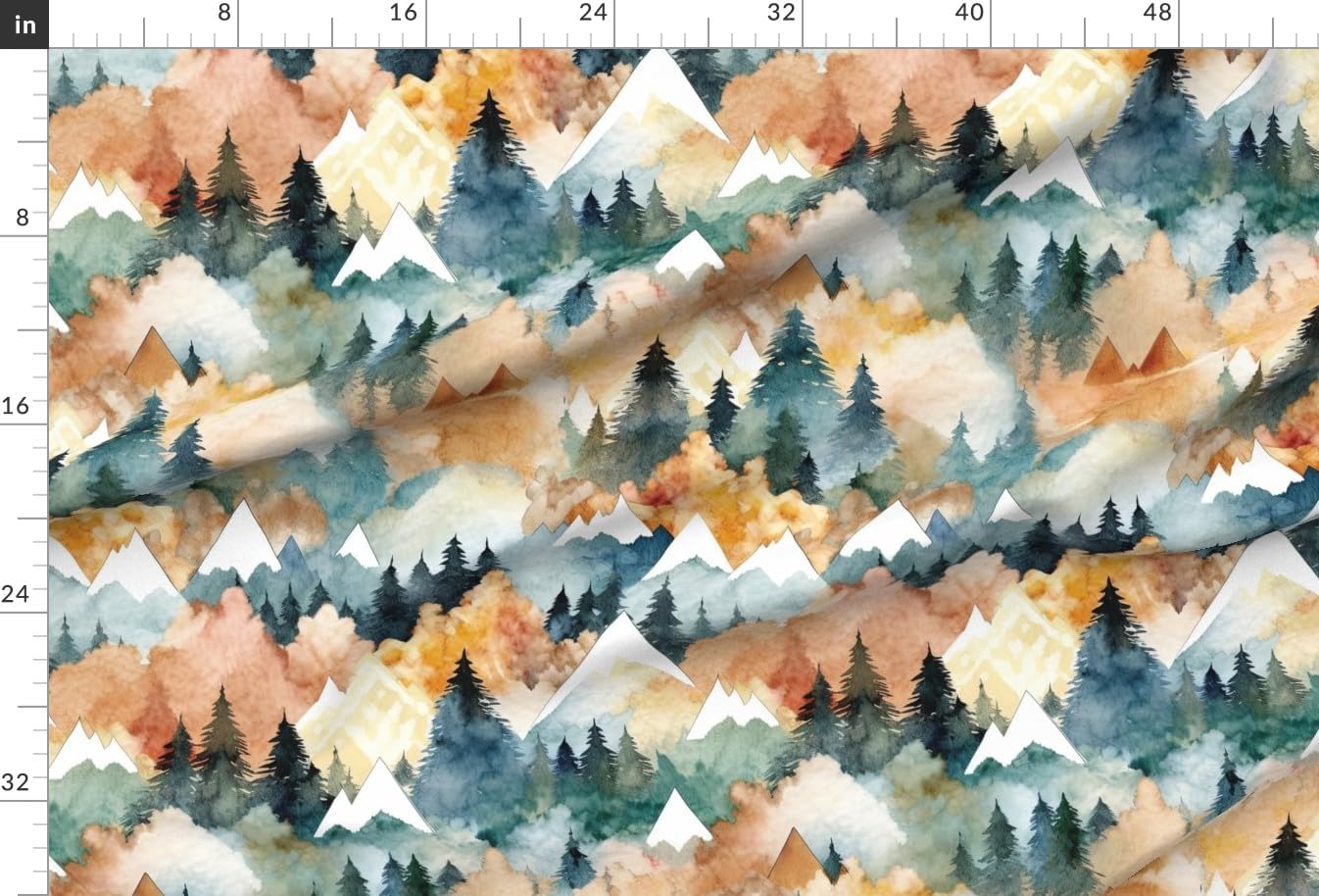 Spoonflower Fabric - Watercolor Mountain Green Orange Woodland Pine Forest Adventure Printed on Organic Cotton Sateen Fabric by The Yard - Sewing Quilting Apparel Home Decor