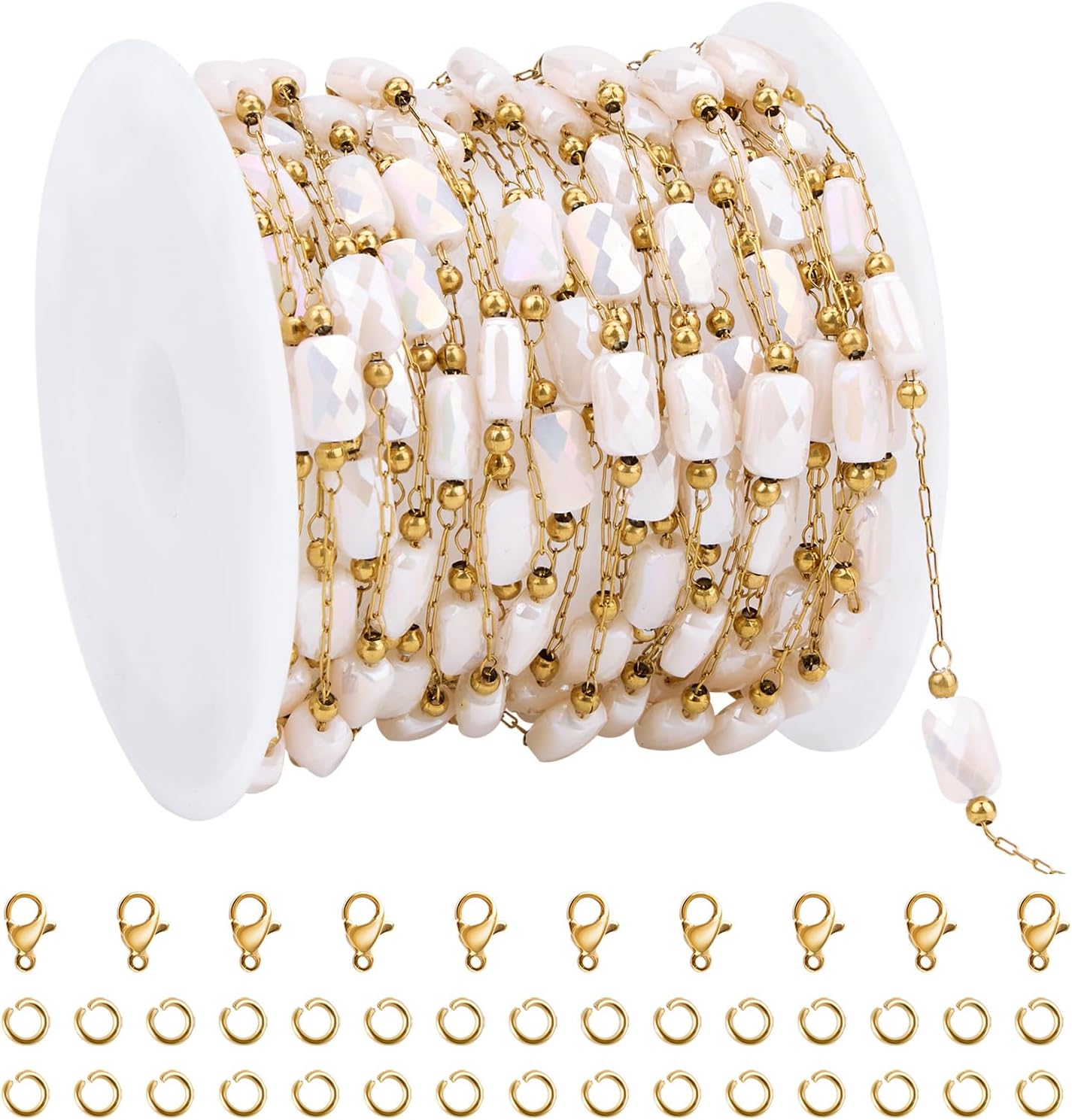 UMAOKANG 4 Meters Gold Plated Stainless Steel Jewelry Chain Roll Diamond Cut Beige Crystal Chains Bulk with Jump Rings Lobster Clasps