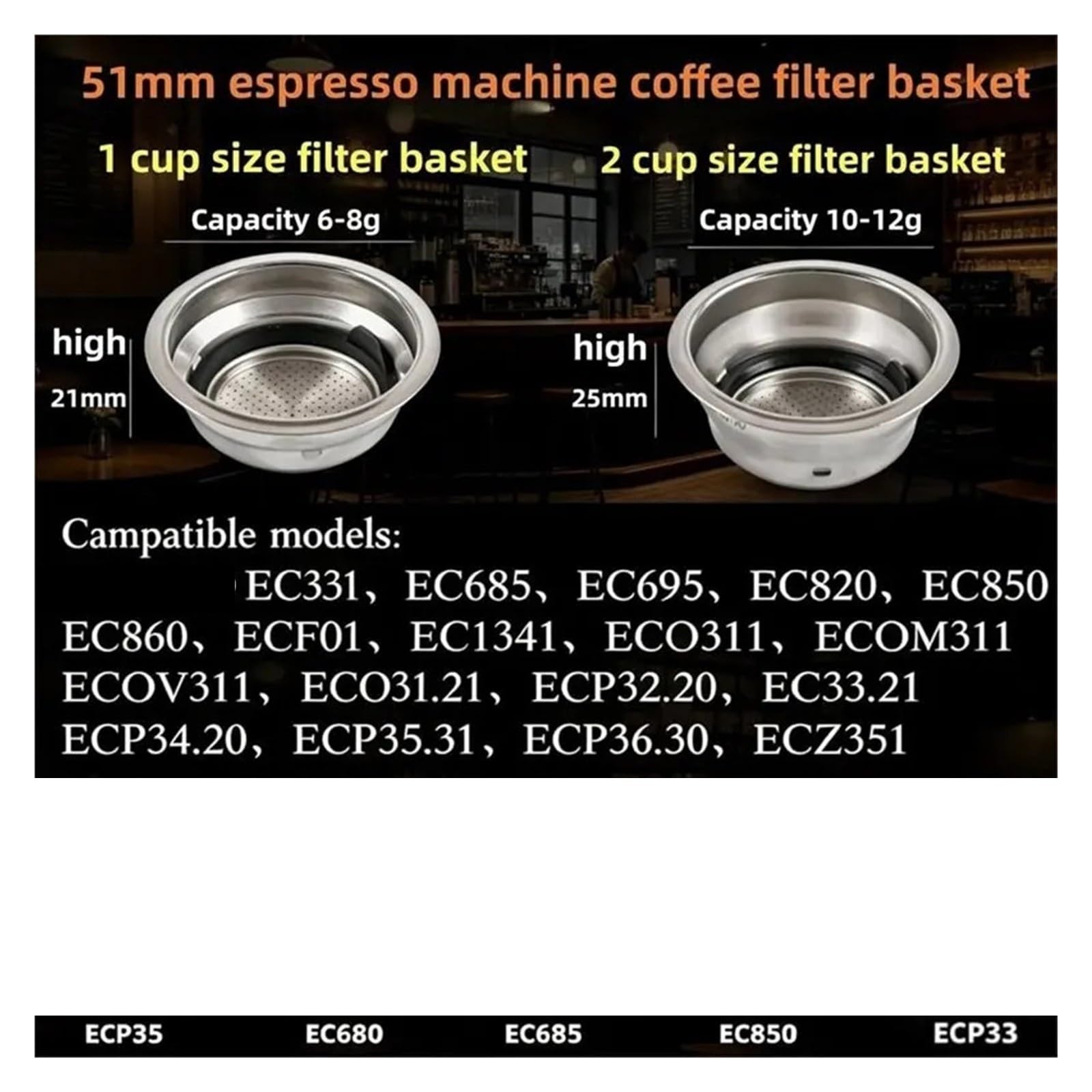 Cesta Filtro Café 51mm Compatible For DeLonghi EC680 EC685 EC695 | Compatible EC820 EC850 EC860 ECO311 ECZ351, espresso machine part