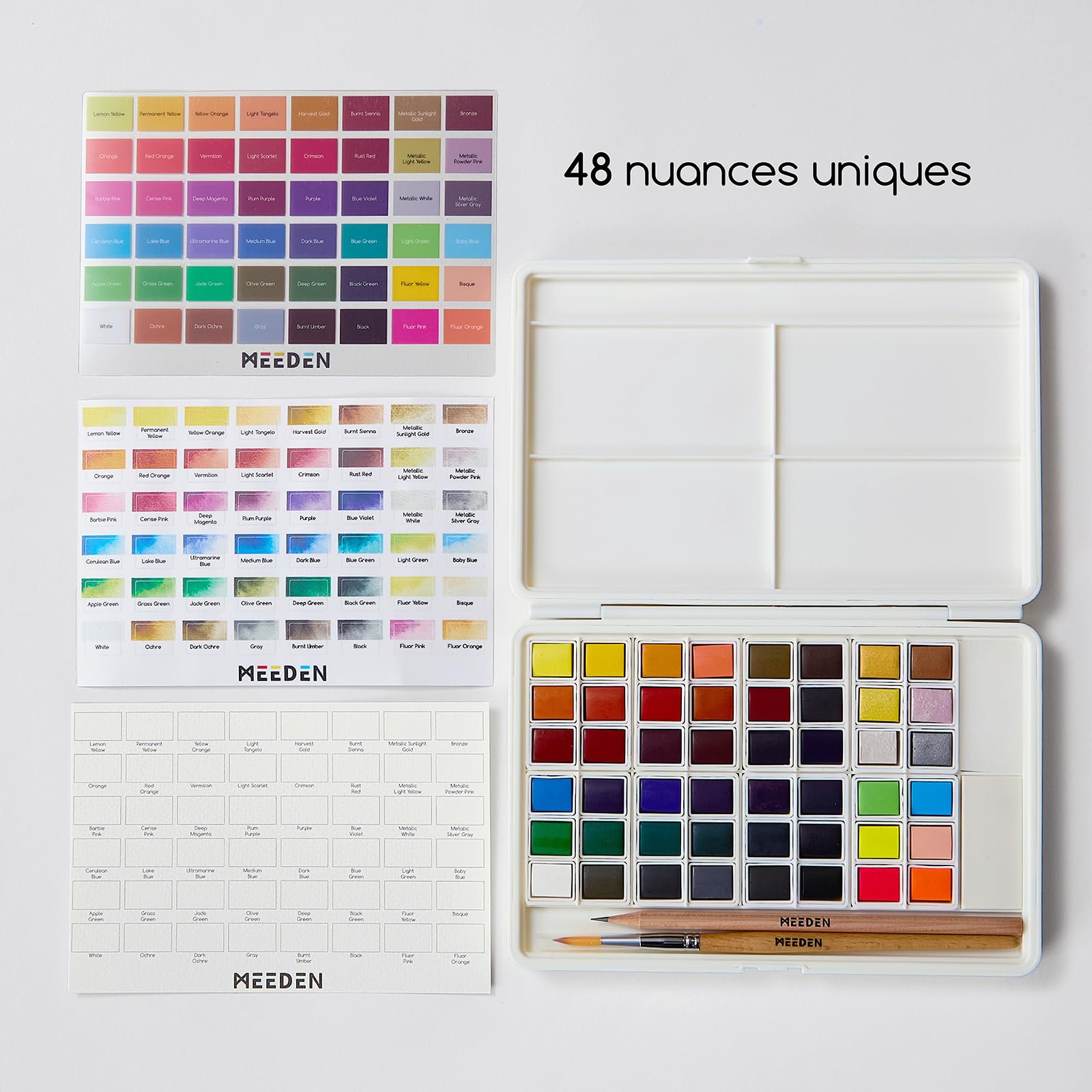 MEEDEN Diane Antone Ensemble de peinture aquarelle portable 48 couleurs avec 3 pinceaux aquarelle, pages de coloriage de doublure, papier aquarelle et cartes postales – Fournitures d'art pour adultes
