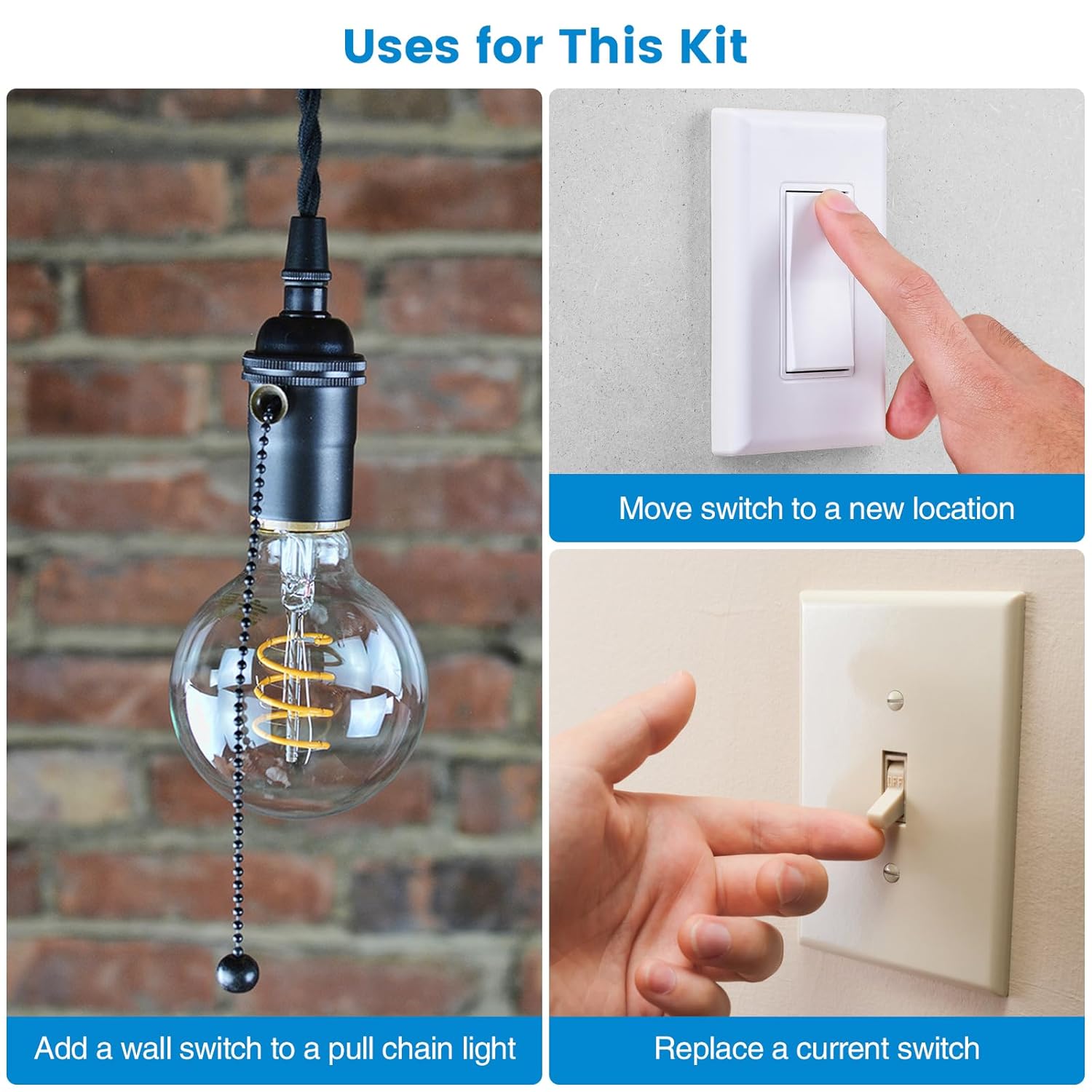 Wireless Light Switch and Receiver Kit, Ortis 300ft RF Range Wireless Wall Switches for Lights, Fans, Battery Included, No Wiring Needed (3 Switches & 1 Receiver Kit)