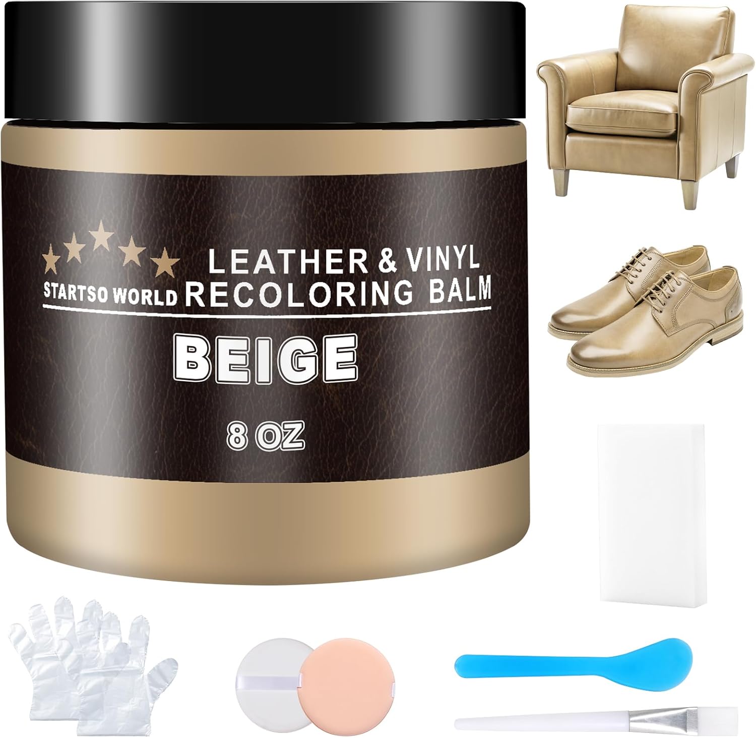 STARTSO WORLD Leather Recoloring Balm,Beige Leather Repair Kit for Furniture,Couches & Car Seats, Leather Paint, Leather Color Restorer, Leather Scratch Remover Beige Leather Recoloring Balm