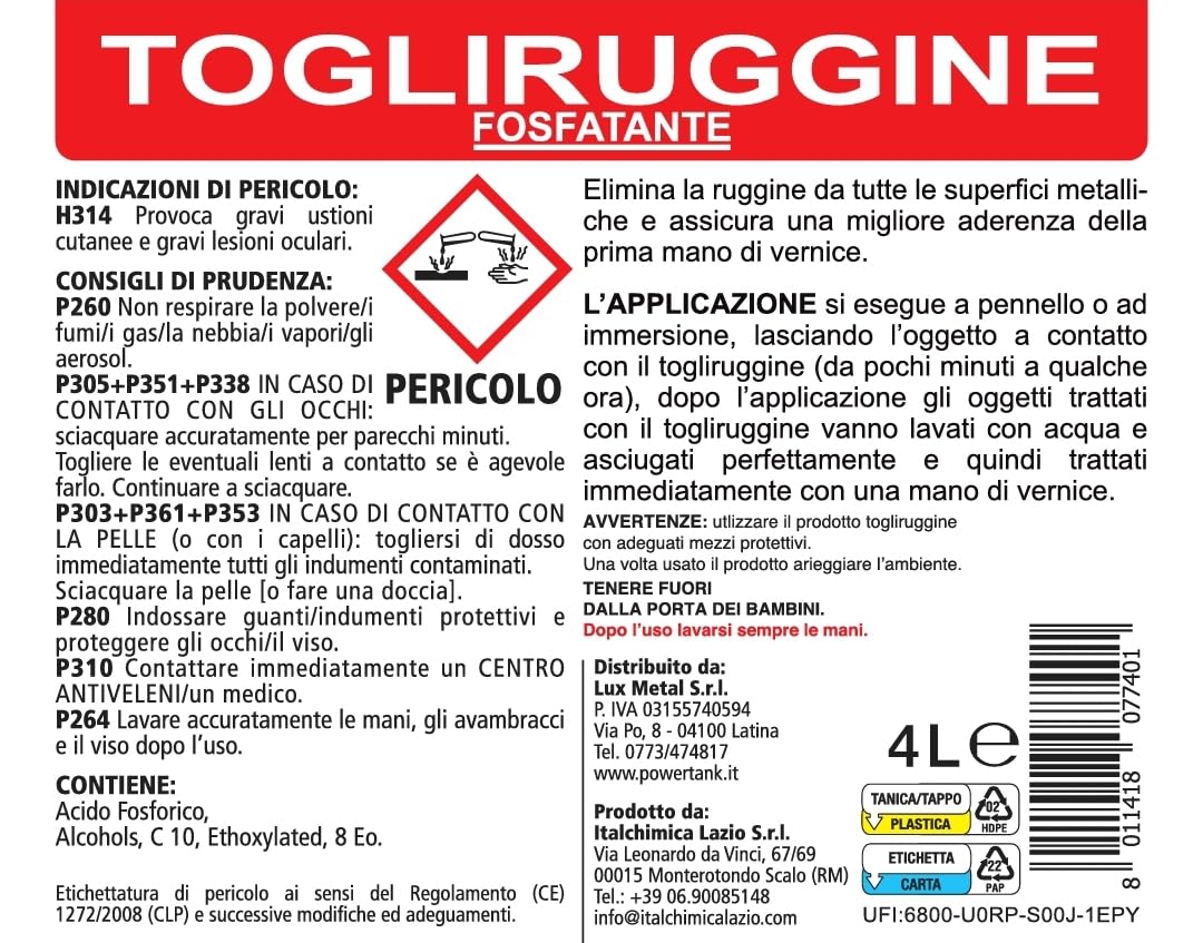 2 Togli Ruggine 4 Litri Potente Antiruggine Convertitore Ruggine con Acido Fosforico Rimuovi Elimina Sciogli Ruggine dal Metallo Antiruggine Convertiruggine per Ferro Rust Remover Auto Moto