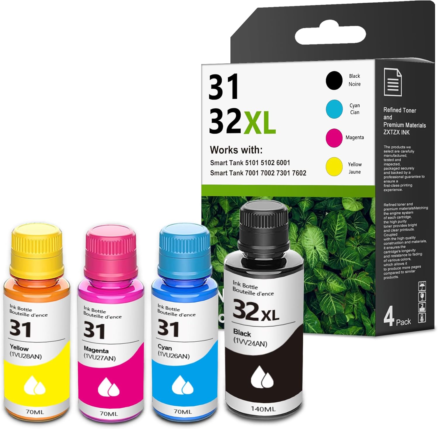 31 32xl Ink Bottle Set Smart Tank 7602 5101 6001 651 Ink Refill Replacement for HP 31 Ink 32XL Black Ink Bottle Set for Smart Tank 5101 7602 5000 651 5103 5102 7002 7006 6001 7301 7001 7302 Printers