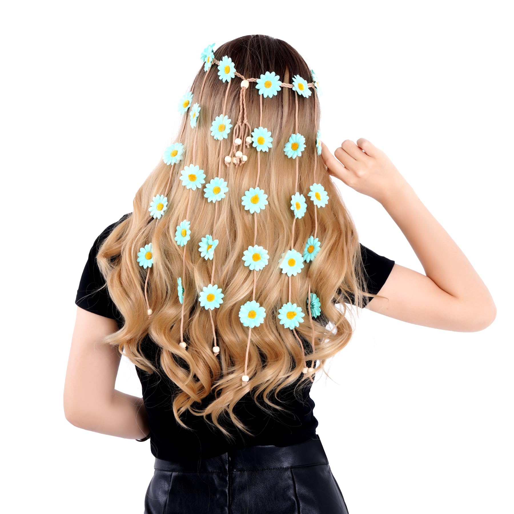 Sucrain1pcs Flower Hippie Headband Floral Crown Summer Sunflower Hair Accessories for 70 s Bohemian Costumes Style (Blue)