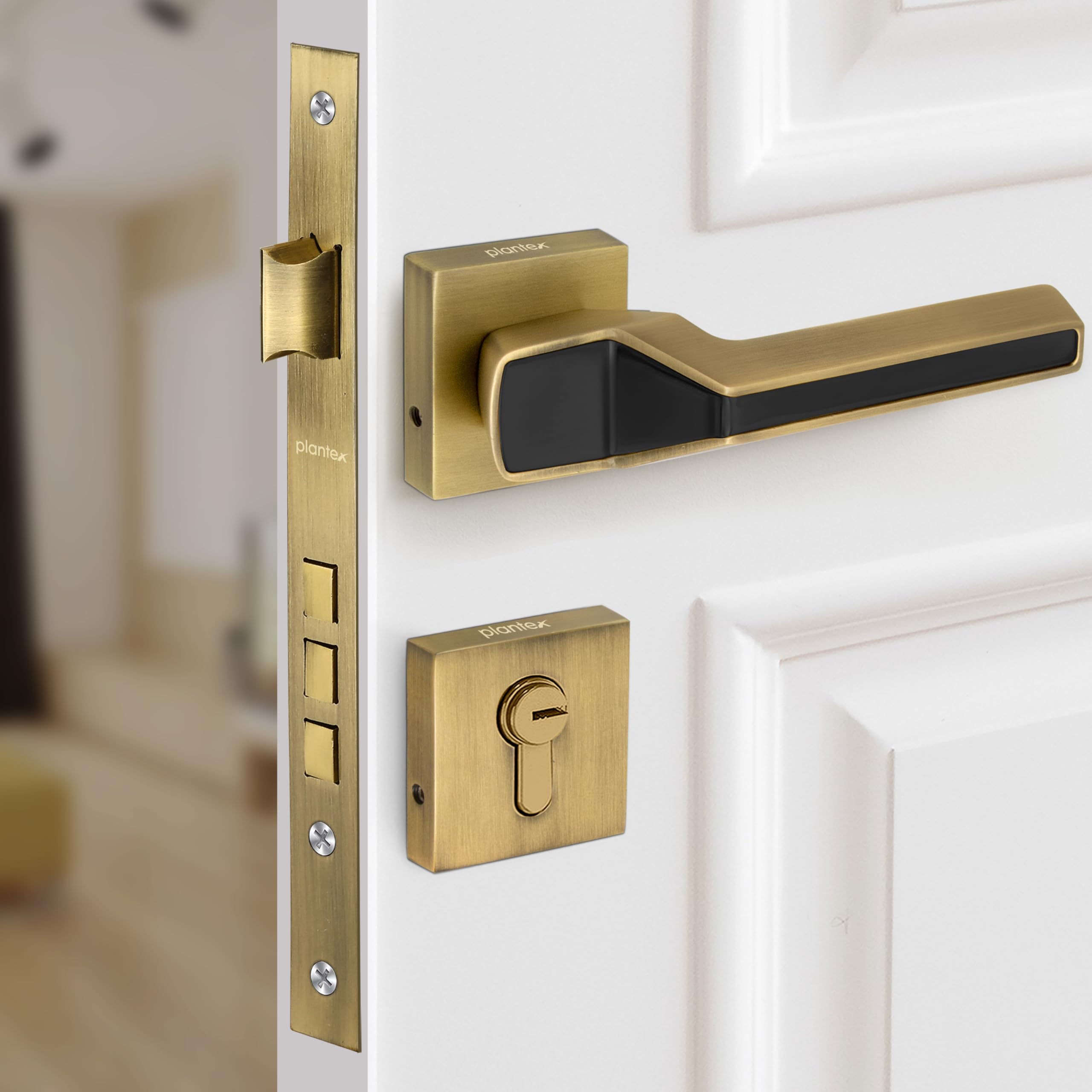 Plantex Mortise Lock - Rose Gold & Black Handle Set -10