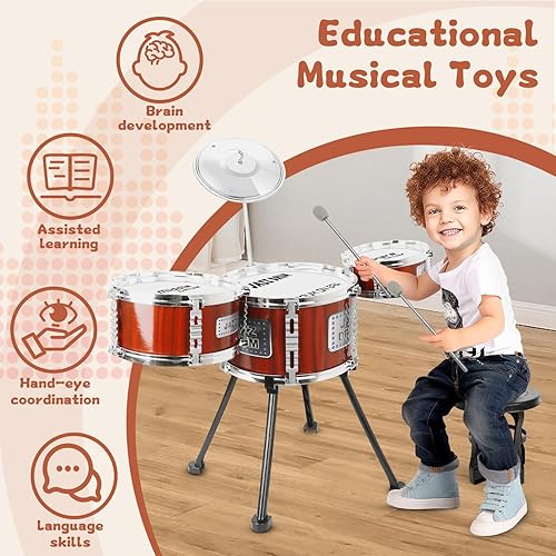Miniatura 4 de Toy Drum Set for Toddlers Upgrade Drum Kit Kids Jazz Drum Set with Stool, 5 Drums Percussion Musical Instruments Drum Toys for 3 4 5 Year Old Boys