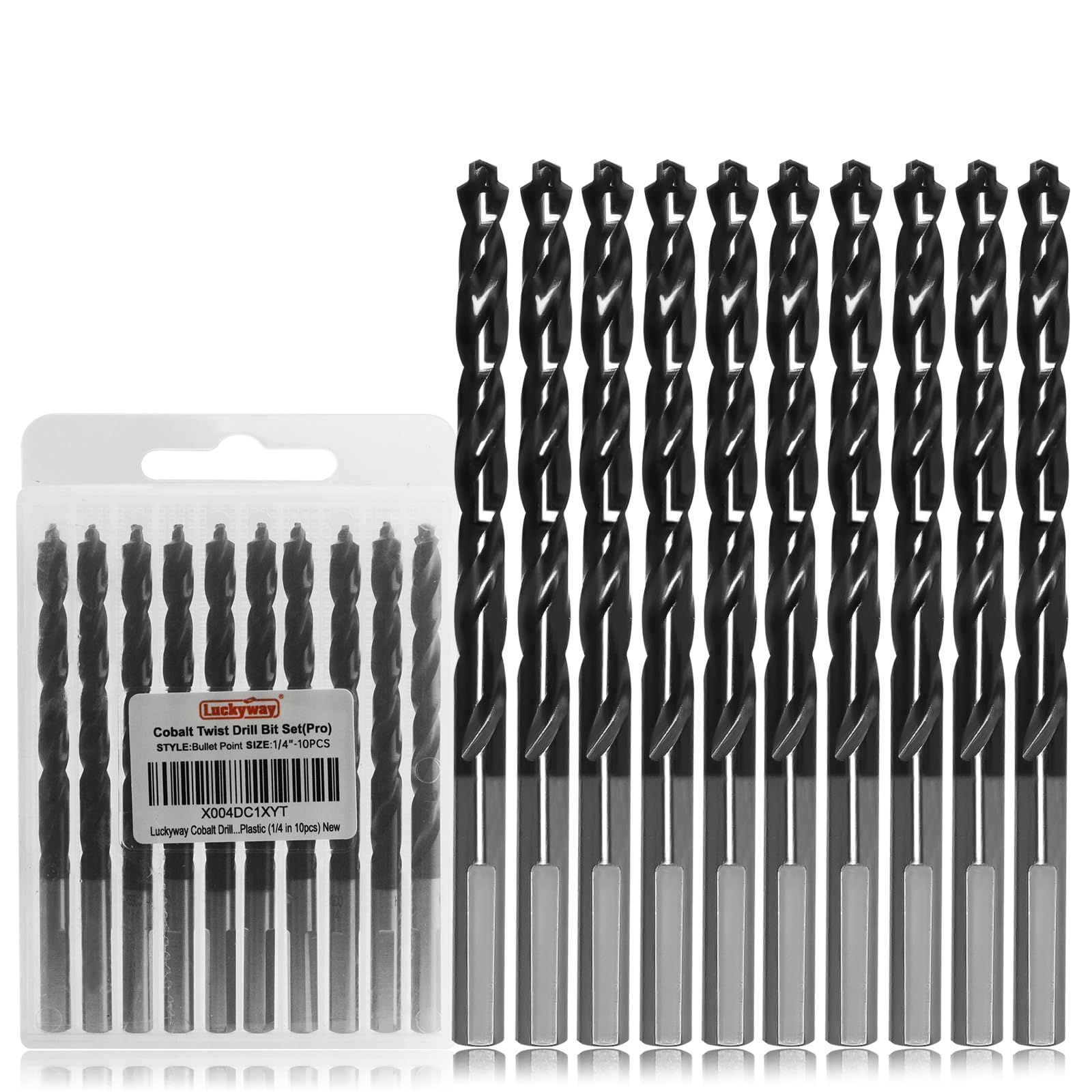 Luckyway 1/4" M35 Cobalt Drill Bits Titanium Aluminum Nitride Coated (TiAlN) with Bullet Point Tip Perfect for Steel, Hard Metal, Cast Iron 10-Piece