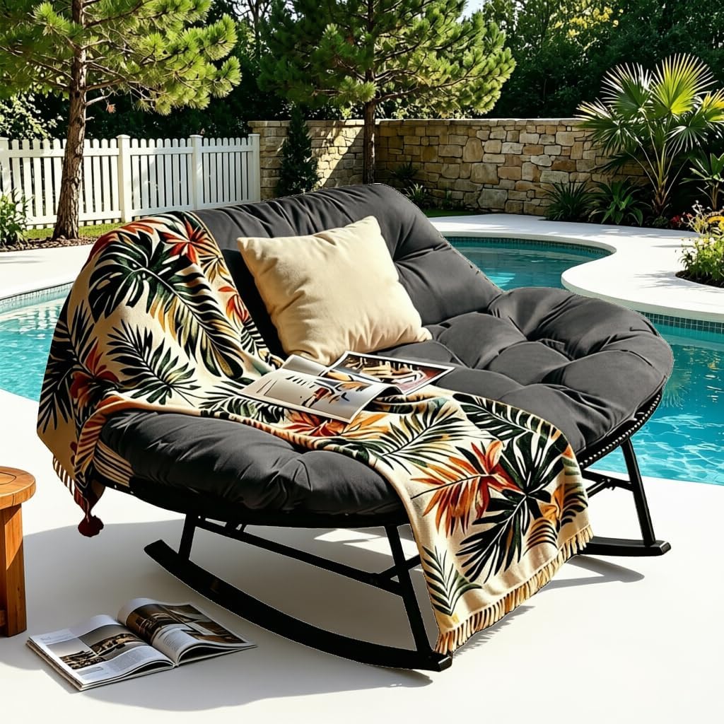Patio Double Rocking Chair with Thick Cushion,Oversize Rattan Papasan Chair for 2, Egg Loveseat for Living Room, Patio, Garden, Backyard (Dark Gray Waterproof Fabric)