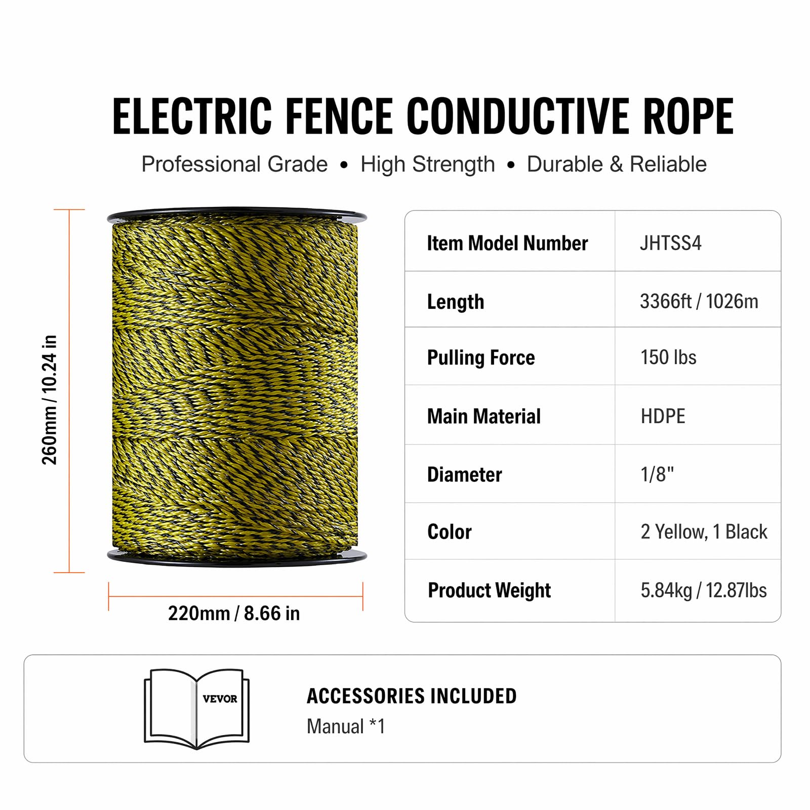 Filo per recinzione per pascolo, 500 m, diametro 3,0 mm, 9 conduttori in acciaio inox e 30 fibre di polietilene, per cavalli, bovini e bestiame