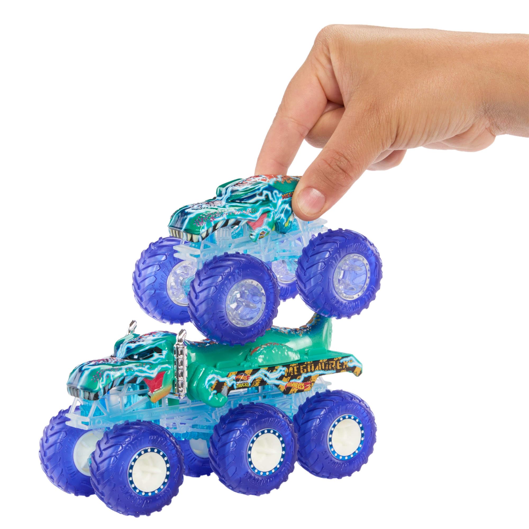 Hot Wheels Monster Trucks 6-kołowe ciężarówki + pojazdy Wielopak z pojazdami Mega-Wrex i Tiger Shark w skali 1:64 oraz 2 ciężarówkami z dekoracjami Power Smashers, HYJ29