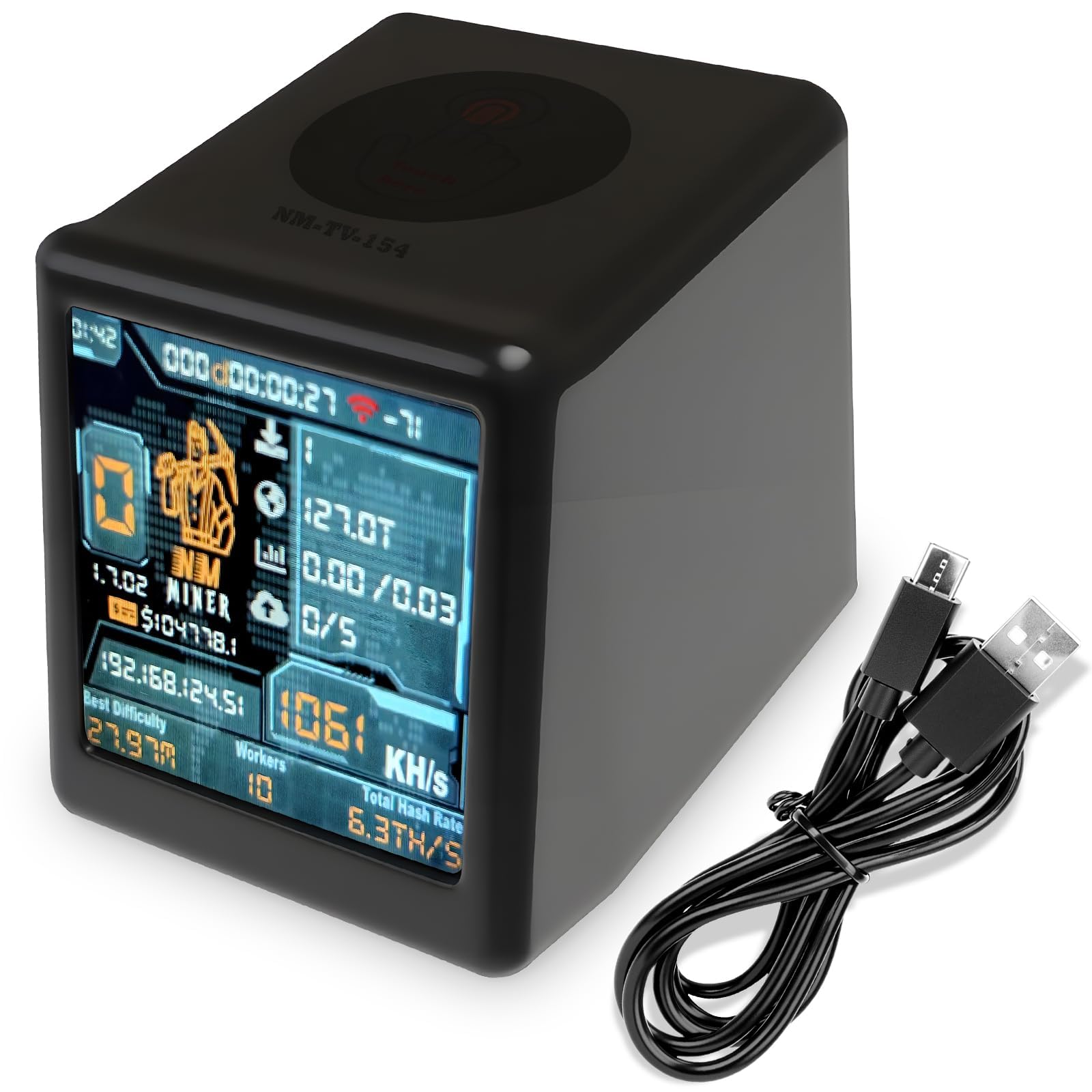 Reiwudo Bitcoins Miner USB Miner 1060KH/s Desktop-Style V2 ESP32 Hashrate 1.54 Inch Smart Display Crypto Solo Lottery Miner Solo Mining 2000% Win Boost (Black)