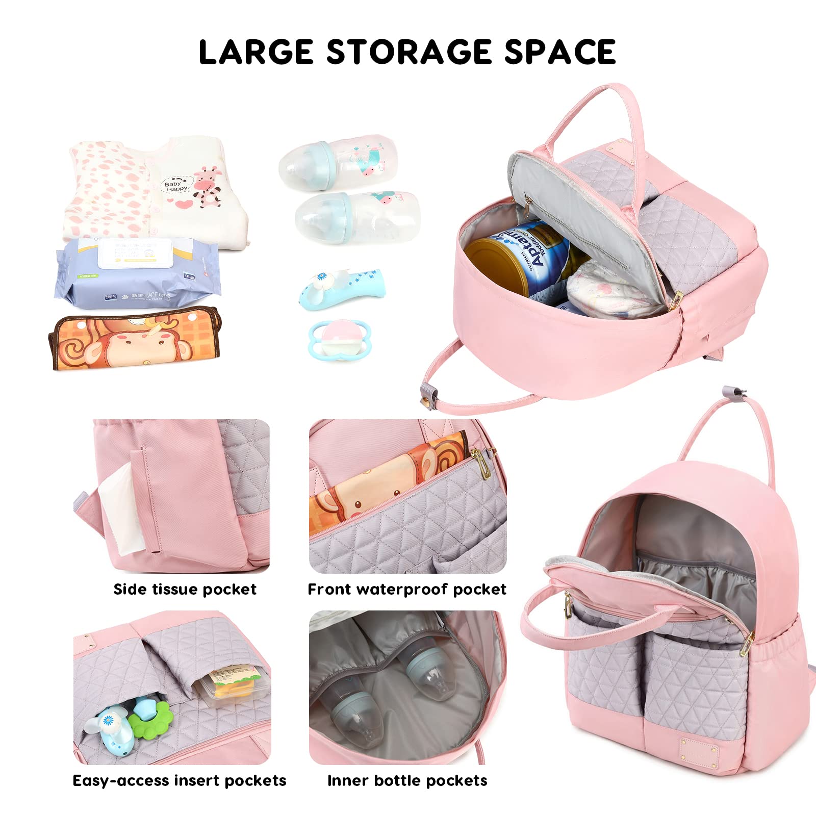 SONARIN Multifunzionale Leggero Zaino Fasciatoio,Grande Capacità Borsa per Pannolini Impermeabile Zaino Mamma Neonato Borsa Fasciatoio da Viaggio Portatile con Borsa Ciuccio(Rosa)