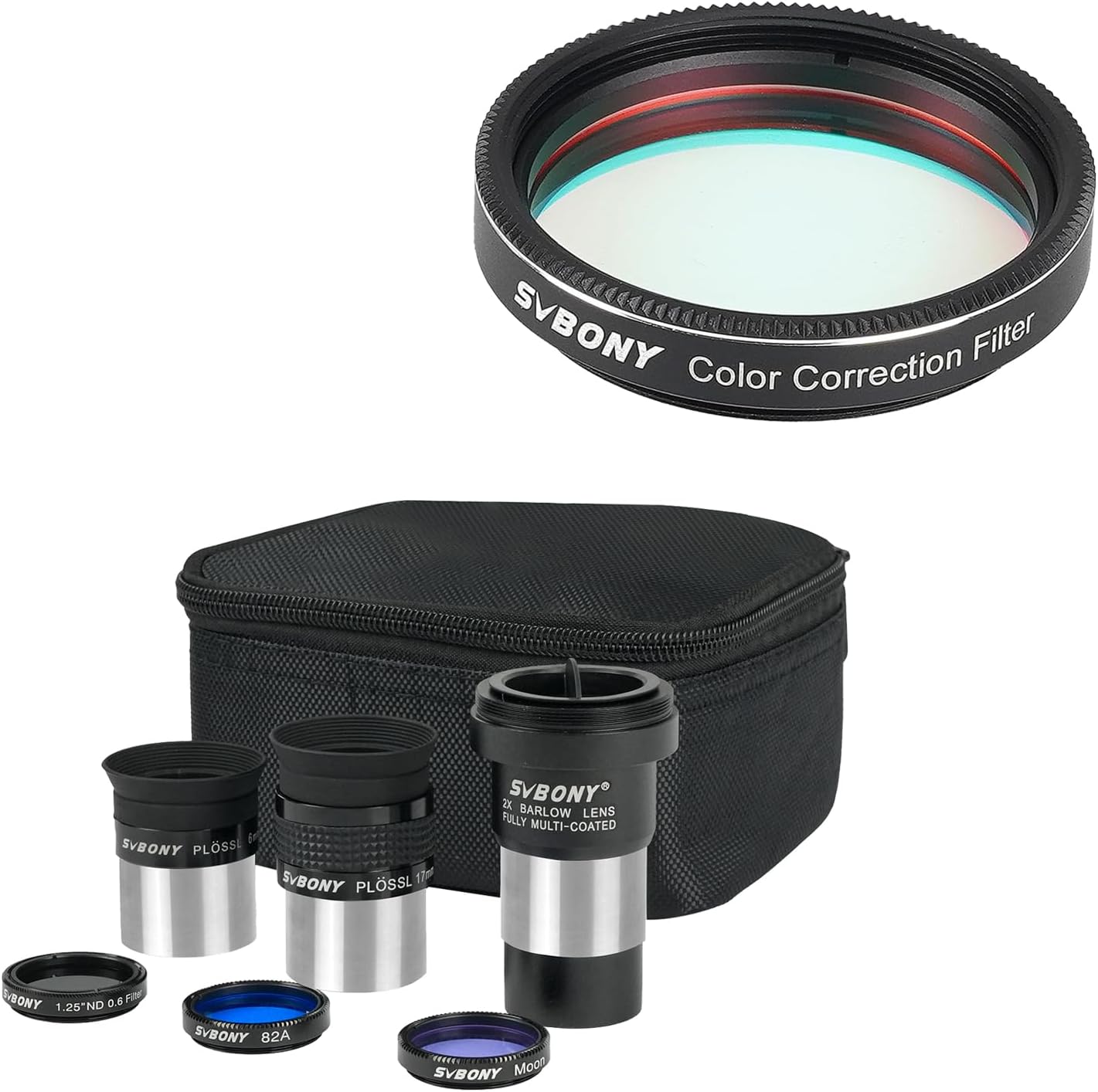SV233 7PCS Telescope Accessory Kit for Beginner, 6mm 17mm Telescope Eyepiece, 2X Barlow Lens, Moon Filter, ND4, 82A Color Filter Bundle with SV231 Color Correction Filter, for Astronomy Visual