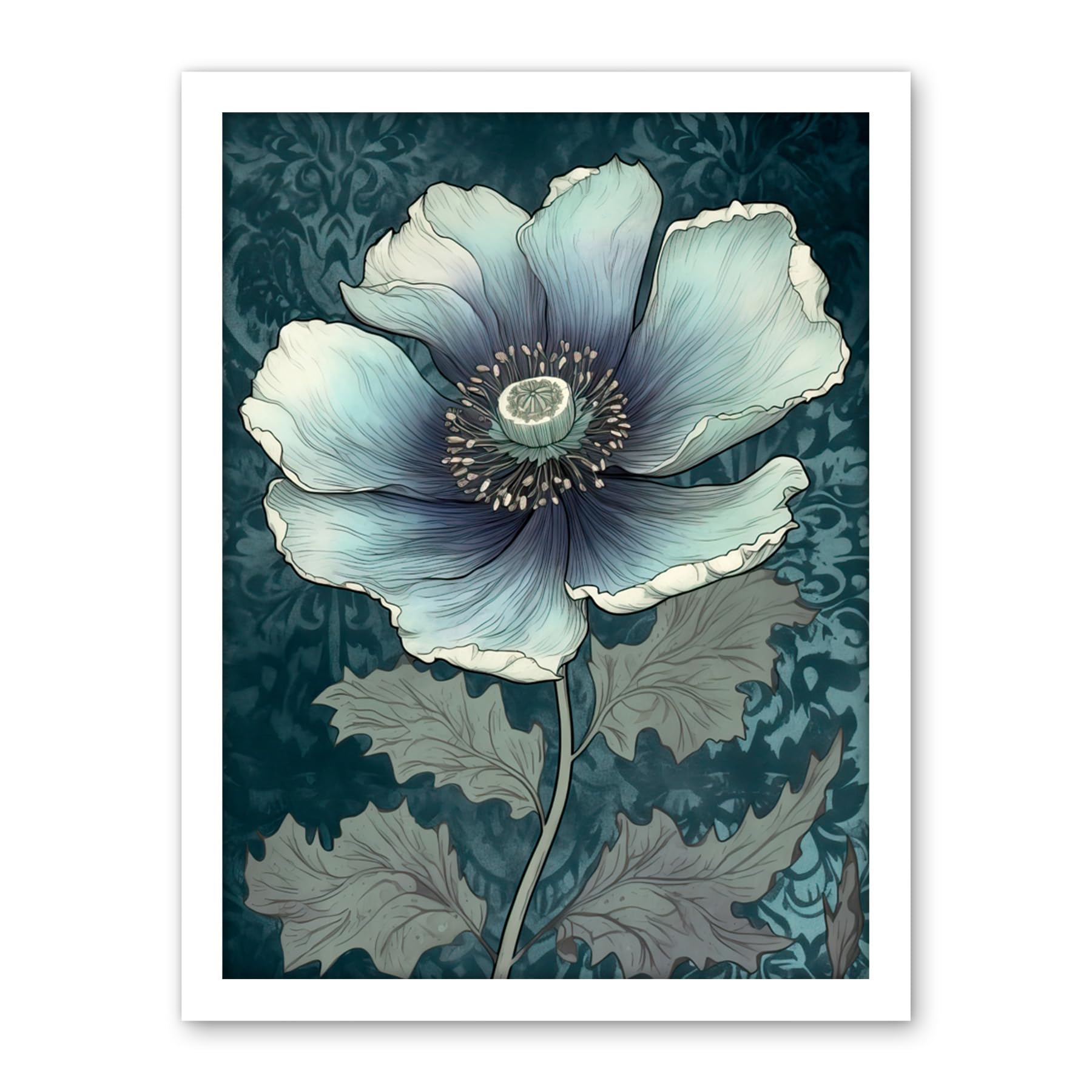 Artery8 Anemone Flower Bloom Teal Blue Watercolour Artwork Framed Wall Art Print 18X24 Inch