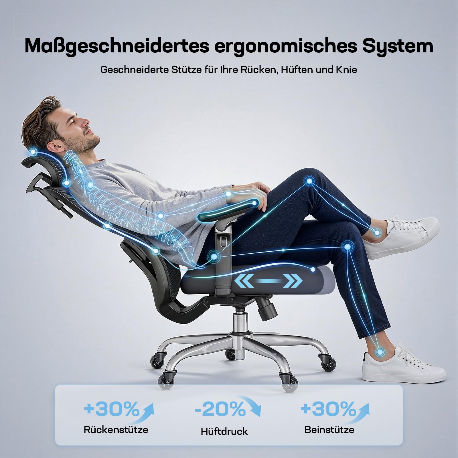 Marsail Bürostuhl mit 6D-Armlehnen, 3D-Verstellbarer Kopfstütze, Schiebesitz, Lendenwirbelstütze, 4-Position-Neigungsschloss – hoher und großer Schreibtischstuhl mit Kapazität von 150kg, Schwarz