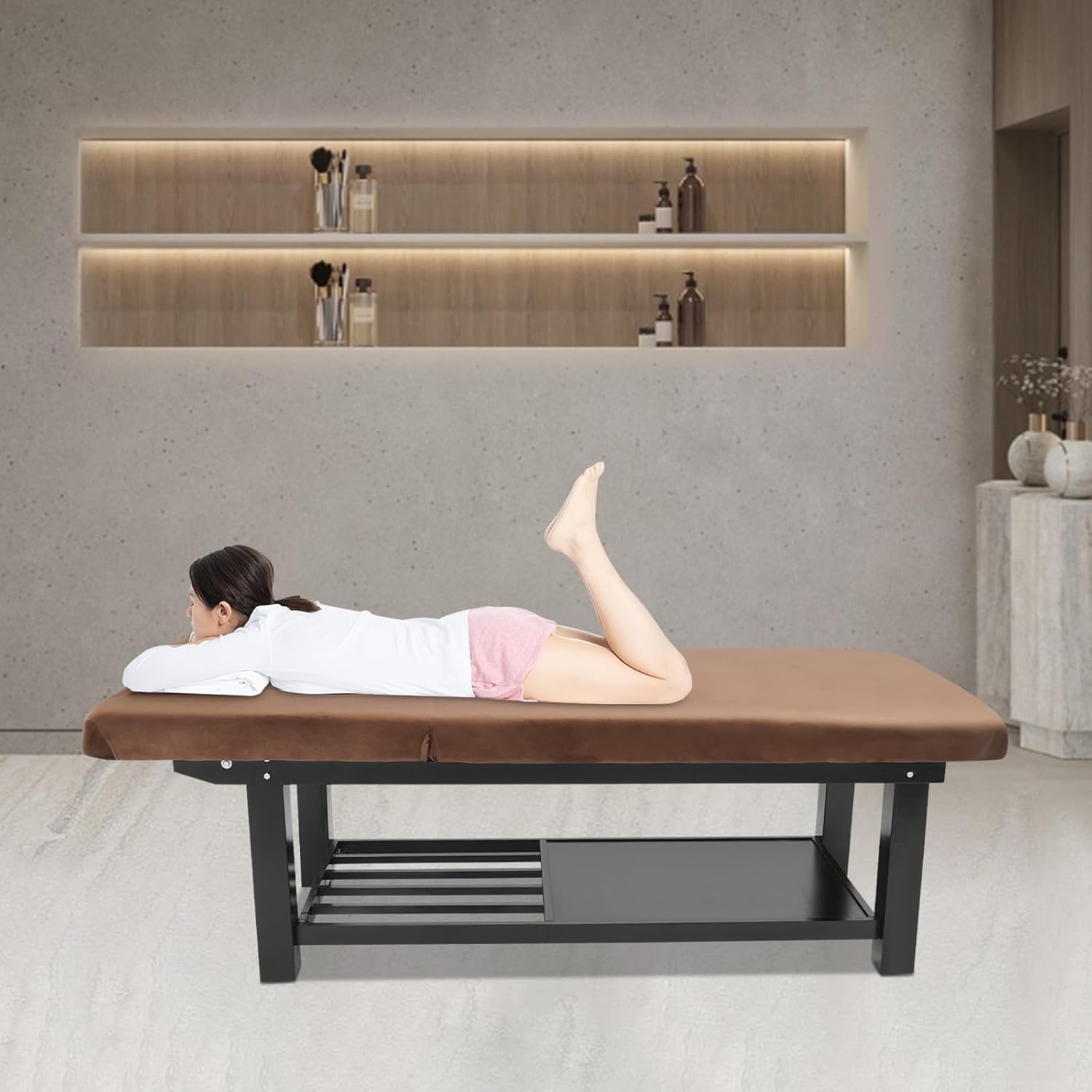 Wood Stationary Massage Table, Portable Spa Facial Bed with Storage Space and Adjustable Backrest, 4 Legs for Treatment Physical Therapy Tatoo Salon Equipment (Brown)