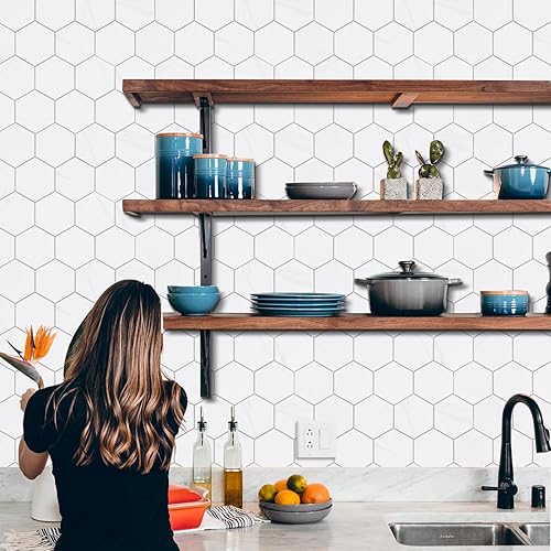 Miniatura 6 de Azulejos hexagonales de alta calidad para despegar y pegar, blanco impermeable para salpicaduras, azulejos de mármol autoadhesivos para cocina, baño