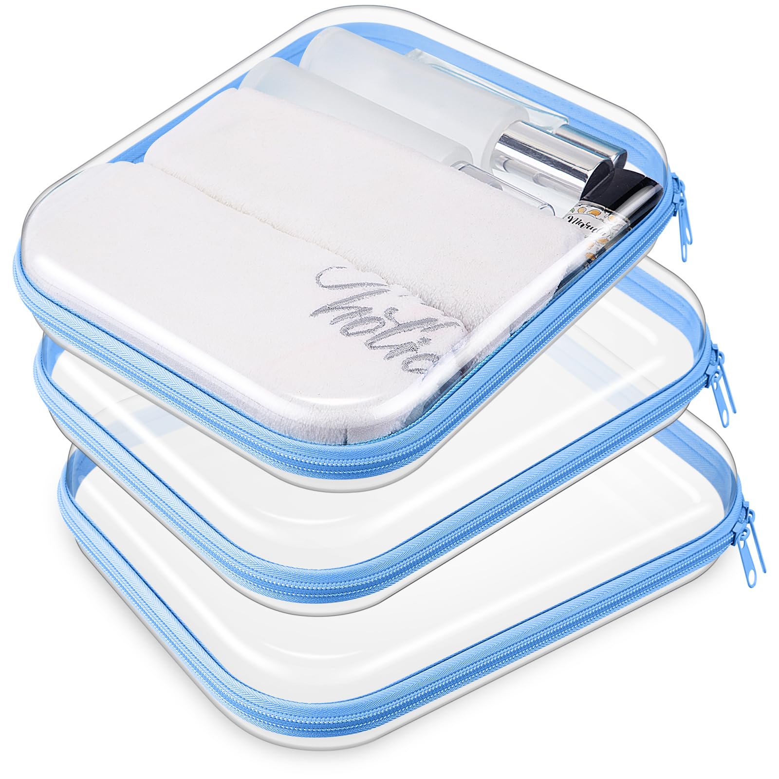 Hoolerry 3 Pcs Clear Hard Zipper Case Plastic Pouch Transparent Hard Case Clear Makeup Bag Portable Travel Organizer Bin for Cosmetics, Building Blocks, Puzzles(Blue,M)-image-46