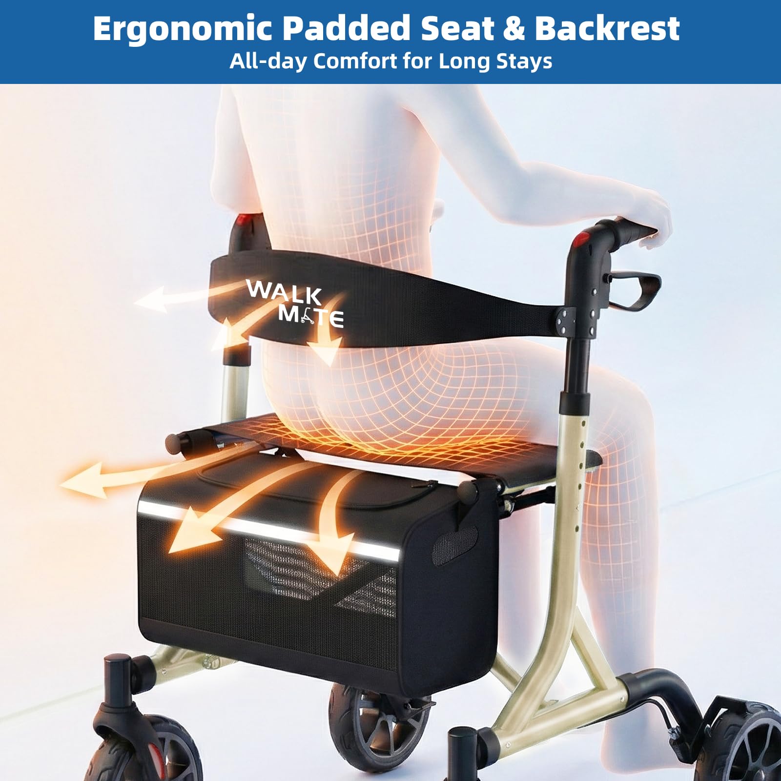 Walk Mate Deambulatore Rollator Pieghevole e Leggero con Seduta - Compatto per Spazi Ristretti, Regolazione Ergonomica dell'Altezza 150-190 cm, Ruote All-Terrain, Solo 6,7 kg