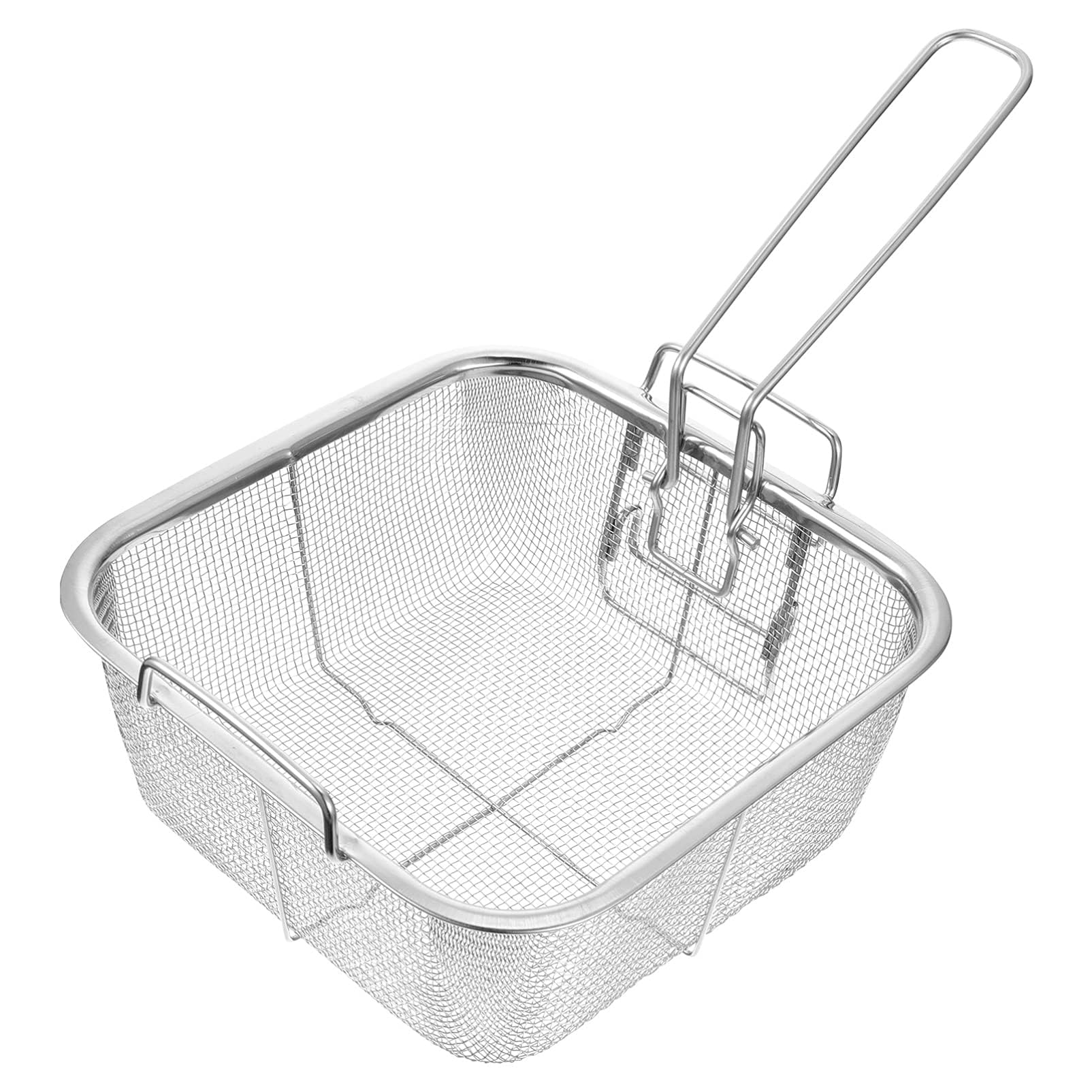 Riavzau Stainless Steel Deep Fry Basket, 9.5inch Square Wire Fryer Basket for Frying Serving Food, French Chip Frying Basket with Folding Handle for Kitchen Frying (9.5Inch/Square)