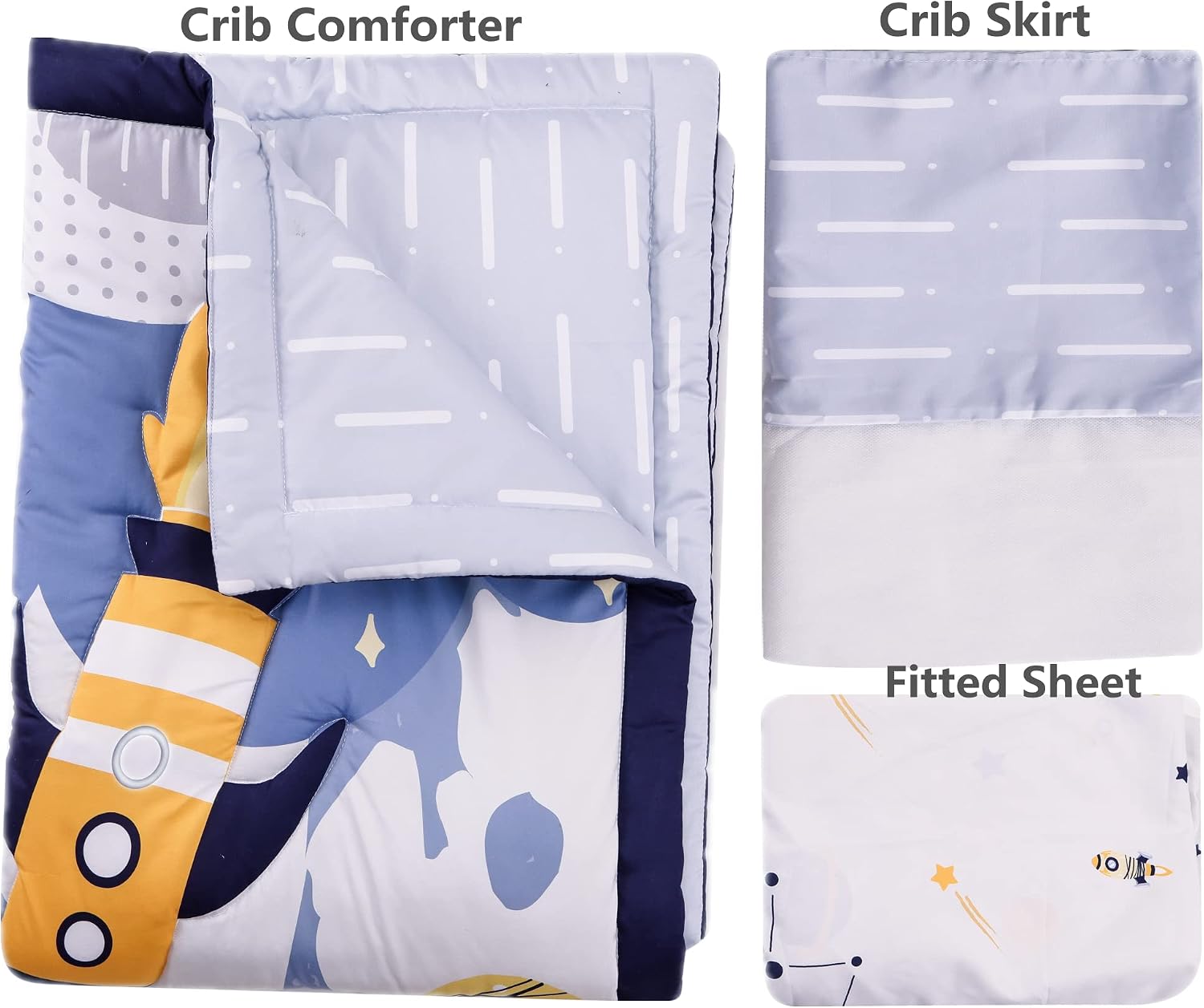 Baby Crib Bedding Set for Boys 3Piece Space Theme Toddler Nursery Crib Sets for Boys Included Comforter Fitted Sheet Crib Skirt