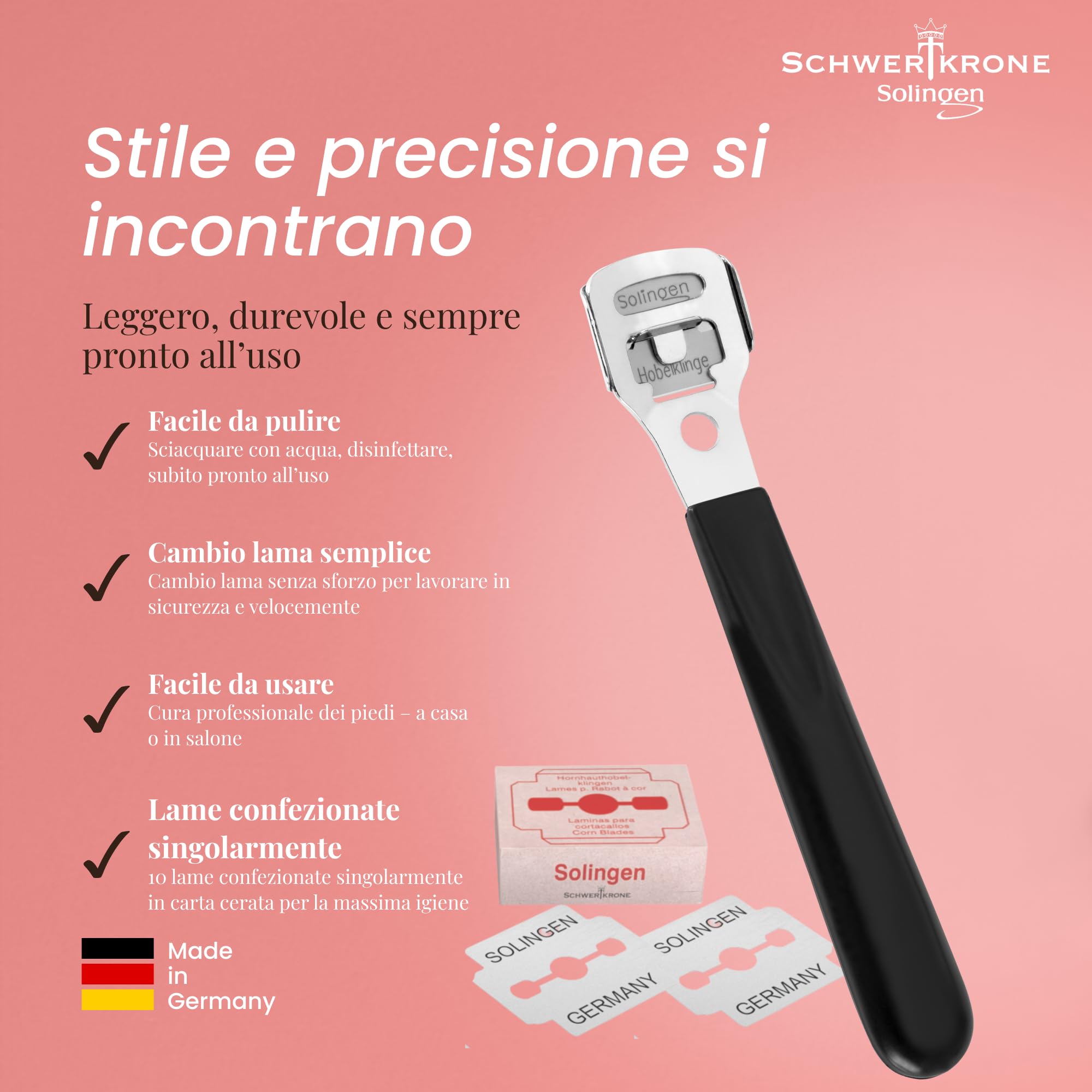 Schwertkrone Set per calli con 10 lame [Made in Solingen – Germania] – Pialla per calli – Rimozione calli con lame di ricambio – Strumento per la cura dei piedi per uomini e donne – Pedicure