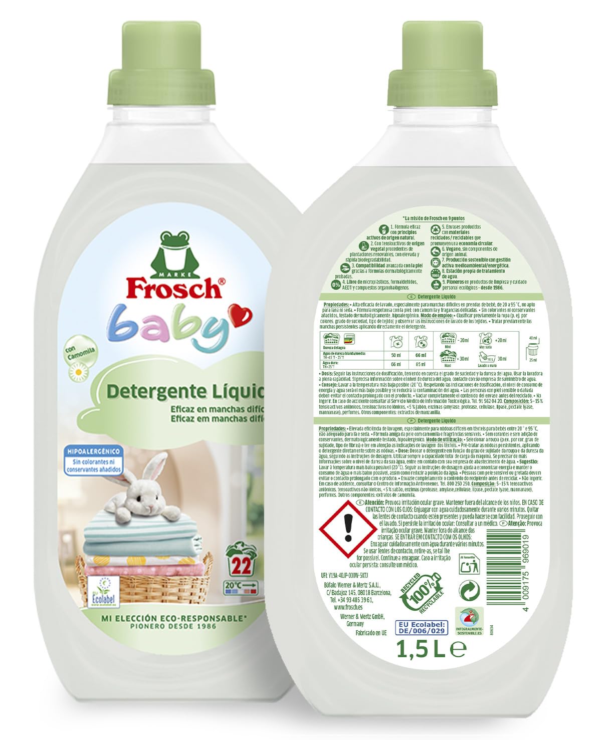 Frosch Baby - Detergente Líquido de Lavadora para Ropa de Bebé, Apto para Pieles Sensibles, Producto Ecológico y Hipoalergénico - Reduce el Riesgo de Irritación - 1.5 L